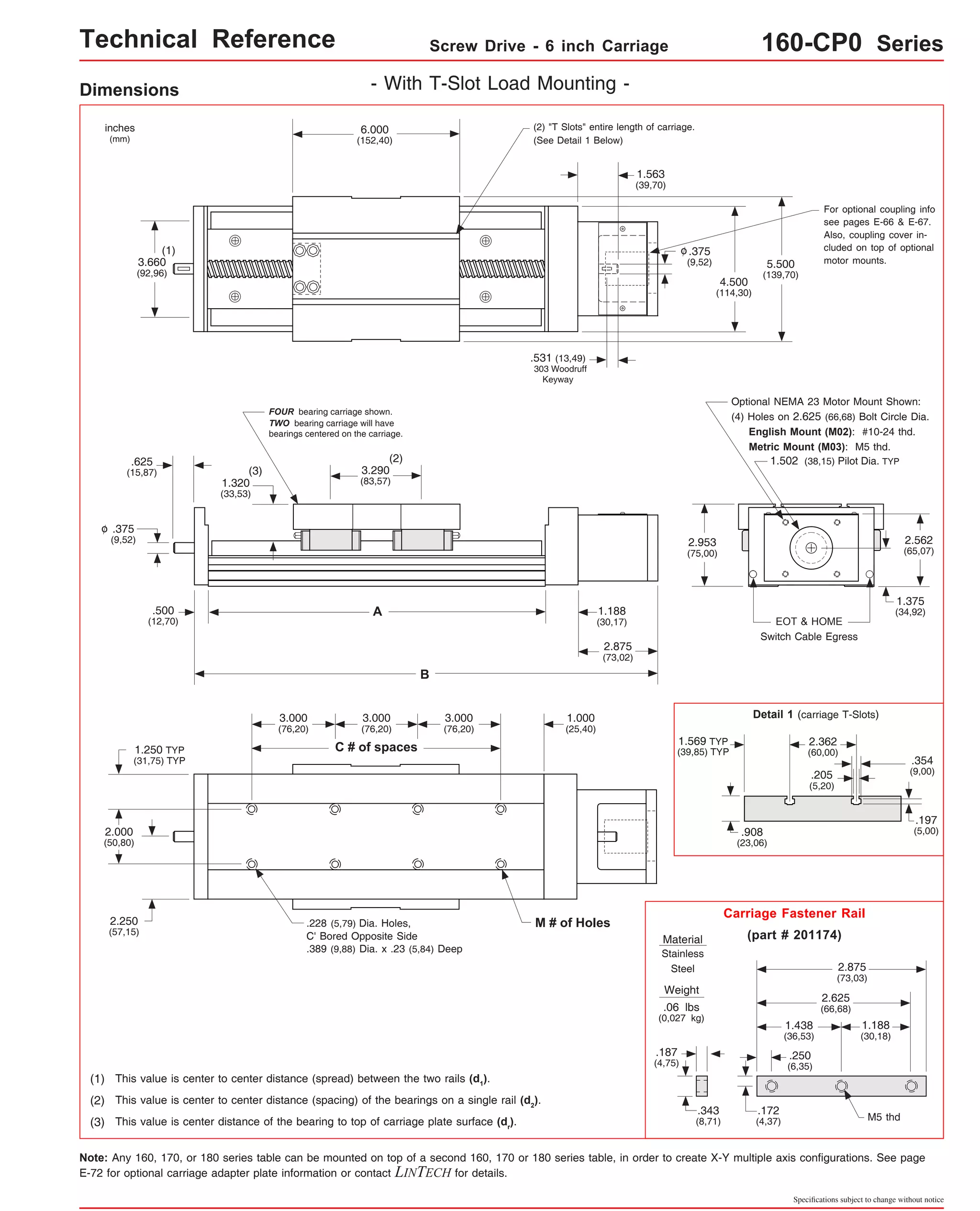 Technical Reference Screw Drive - 6 inch Carriage 160-CP0 Series 
Dimensions - With T-Slot Load Mounting - 
(4) Holes on 2.625 (66,68) Bolt Circle Dia. 
English Mount (M02): #10-24 thd. 
Metric Mount (M03): M5 thd. 
1.502 (38,15) Pilot Dia. TYP 
o 
3.000 
(76,20) 
.228 (5,79) Dia. Holes, M # of Holes 
C' Bored Opposite Side 
.389 (9,88) Dia. x .23 (5,84) Deep 
1.250 TYP 
(31,75) TYP 
2.000 
(50,80) 
2.250 
(57,15) 
(1) This value is center to center distance (spread) between the two rails (d1). 
(2) This value is center to center distance (spacing) of the bearings on a single rail (d2). 
Material (part # 201174) 
Stainless 
Steel 
2.875 
(73,03) 
Note: Any 160, 170, or 180 series table can be mounted on top of a second 160, 170 or 180 series table, in order to create X-Y multiple axis configurations. See page 
E-72 for optional carriage adapter plate information or contact LINTECH for details. 
Specifications subject to change without notice 
A 
B 
FOUR bearing carriage shown. 
TWO bearing carriage will have 
bearings centered on the carriage. 
(3) 
6.000 
(152,40) 
EOT & HOME 
Switch Cable Egress 
3.660 
(92,96) 
2.362 
(60,00) 
.625 
(15,87) 
.500 
(12,70) 
1.320 
(33,53) 
3.290 
(83,57) 
1.188 
(30,17) 
2.953 
(75,00) 
2.562 
(65,07) 
1.375 
(34,92) 
inches 
(mm) 
.375 
(9,52) 
(2) 
Optional NEMA 23 Motor Mount Shown: 
o 
(2) "T Slots" entire length of carriage. 
(See Detail 1 Below) 
4.500 
(114,30) 
1.563 
(39,70) 
.375 
(9,52) 
.531 (13,49) 
303 Woodruff 
Keyway 
2.875 
(73,02) 
(3) This value is center distance of the bearing to top of carriage plate surface (dr). 
5.500 
(139,70) 
3.000 
(76,20) 
3.000 
(76,20) 
1.000 
(25,40) 
(1) 
Detail 1 (carriage T-Slots) 
.205 
(5,20) 
.354 
(9,00) 
.197 
(5,00) 
C # of spaces 
.908 
(23,06) 
Weight 
.06 lbs 
(0,027 kg) 
Carriage Fastener Rail 
1.438 
(36,53) 
M5 thd 
.187 
(4,75) 
.343 
(8,71) 
.172 
(4,37) 
.250 
(6,35) 
2.625 
(66,68) 
1.188 
(30,18) 
1.569 TYP 
(39,85) TYP 
For optional coupling info 
see pages E-66 & E-67. 
Also, coupling cover in-cluded 
on top of optional 
motor mounts. 
 