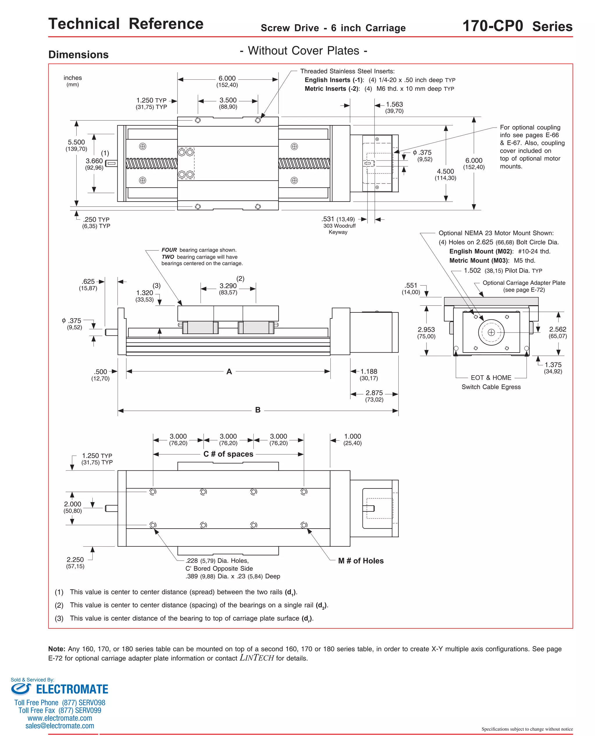 Technical Reference Screw Drive - 6 inch Carriage 170-CP0 Series 
Dimensions - Without Cover Plates - 
5.500 
(139,70) 
(2) This value is center to center distance (spacing) of the bearings on a single rail (d2). 
Optional NEMA 23 Motor Mount Shown: 
(4) Holes on 2.625 (66,68) Bolt Circle Dia. 
English Mount (M02): #10-24 thd. 
Metric Mount (M03): M5 thd. 
Note: Any 160, 170, or 180 series table can be mounted on top of a second 160, 170 or 180 series table, in order to create X-Y multiple axis configurations. See page 
E-72 for optional carriage adapter plate information or contact LINTECH for details. 
Specifications subject to change without notice 
A 
B 
FOUR bearing carriage shown. 
TWO bearing carriage will have 
bearings centered on the carriage. 
(3) 
6.000 
(152,40) 
EOT & HOME 
Switch Cable Egress 
3.500 
(88,90) 
1.250 TYP 
(31,75) TYP 
3.660 
(92,96) 
.250 TYP 
(6,35) TYP 
.625 
(15,87) 
.500 
(12,70) 
1.320 
(33,53) 
3.290 
(83,57) 
1.188 
(30,17) 
2.953 
(75,00) 
2.562 
(65,07) 
1.375 
(34,92) 
inches 
(mm) 
.375 
(9,52) 
(2) 
o 
Threaded Stainless Steel Inserts: 
English Inserts (-1): (4) 1/4-20 x .50 inch deep TYP 
Metric Inserts (-2): (4) M6 thd. x 10 mm deep TYP 
4.500 
(114,30) 
1.563 
(39,70) 
.375 
(9,52) 
o 
.531 (13,49) 
303 Woodruff 
Keyway 
2.875 
(73,02) 
C # of spaces 
(3) This value is center distance of the bearing to top of carriage plate surface (dr). 
M # of Holes 
1.250 TYP 
(31,75) TYP 
2.000 
(50,80) 
2.250 
(57,15) 
3.000 
(76,20) 
(1) This value is center to center distance (spread) between the two rails (d1). 
6.000 
(152,40) 
3.000 
(76,20) 
3.000 
(76,20) 
1.000 
(25,40) 
(1) 
1.502 (38,15) Pilot Dia. TYP 
.228 (5,79) Dia. Holes, 
C' Bored Opposite Side 
.389 (9,88) Dia. x .23 (5,84) Deep 
For optional coupling 
info see pages E-66 
& E-67. Also, coupling 
cover included on 
top of optional motor 
mounts. 
Optional Carriage Adapter Plate 
(see page E-72) 
.551 
(14,00) 
Sold & Serviced By: 
ELECTROMATE 
Toll Free Phone (877) SERVO98 
Toll Free Fax (877) SERV099 
www.electromate.com 
sales@electromate.com 
 