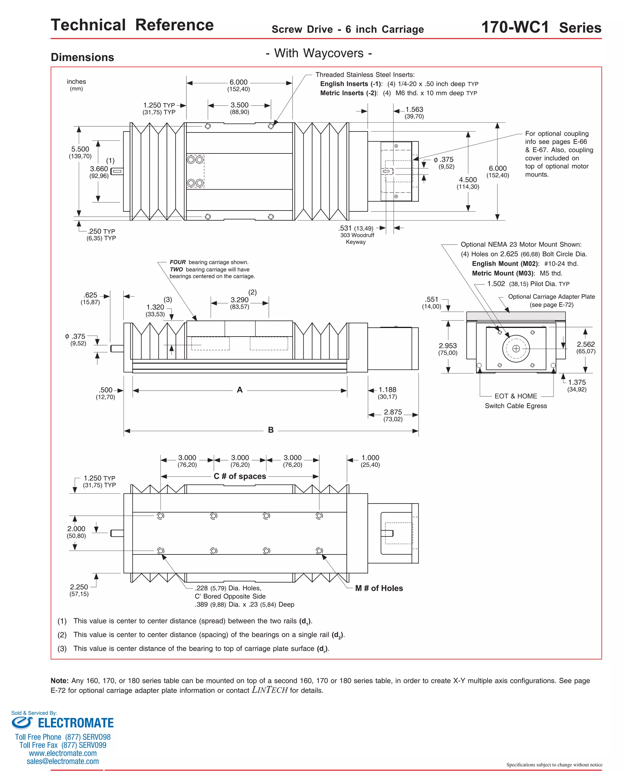 Technical Reference Screw Drive - 6 inch Carriage 170-WC1 Series 
6.000 
(152,40) 
For optional coupling 
info see pages E-66 
& E-67. Also, coupling 
cover included on 
top of optional motor 
mounts. 
Optional NEMA 23 Motor Mount Shown: 
(4) Holes on 2.625 (66,68) Bolt Circle Dia. 
English Mount (M02): #10-24 thd. 
Metric Mount (M03): M5 thd. 
1.502 (38,15) Pilot Dia. TYP 
Optional Carriage Adapter Plate 
(see page E-72) 
EOT & HOME 
Switch Cable Egress 
2.562 
(65,07) 
1.375 
(34,92) 
Specifications subject to change without notice 
Dimensions - With Waycovers - 
6.000 
(152,40) 
3.500 
(88,90) 
1.250 TYP 
(31,75) TYP 
FOUR bearing carriage shown. 
TWO bearing carriage will have 
bearings centered on the carriage. 
(2) 
3.290 
(83,57) 
A 
B 
(3) 
inches 
(mm) 
5.500 
(139,70) 
(1) 
3.660 
(92,96) 
.250 TYP 
(6,35) TYP 
.625 
(15,87) 
.500 
(12,70) 
1.320 
(33,53) 
Threaded Stainless Steel Inserts: 
English Inserts (-1): (4) 1/4-20 x .50 inch deep TYP 
Metric Inserts (-2): (4) M6 thd. x 10 mm deep TYP 
1.188 
(30,17) 
4.500 
(114,30) 
.375 
(9,52) 
.551 
(14,00) 
2.953 
(75,00) 
.375 
(9,52) 
o 
1.563 
(39,70) 
o 
.531 (13,49) 
303 Woodruff 
Keyway 
2.875 
(73,02) 
3.000 
(76,20) 
C # of spaces 
1.250 TYP 
(31,75) TYP 
2.000 
(50,80) 
2.250 
(57,15) 
3.000 
(76,20) 
3.000 
(76,20) 
.228 (5,79) Dia. Holes, 
C' Bored Opposite Side 
.389 (9,88) Dia. x .23 (5,84) Deep 
(1) This value is center to center distance (spread) between the two rails (d1). 
(2) This value is center to center distance (spacing) of the bearings on a single rail (d2). 
(3) This value is center distance of the bearing to top of carriage plate surface (dr). 
1.000 
(25,40) 
M # of Holes 
Note: Any 160, 170, or 180 series table can be mounted on top of a second 160, 170 or 180 series table, in order to create X-Y multiple axis configurations. See page 
E-72 for optional carriage adapter plate information or contact LINTECH for details. 
Sold & Serviced By: 
ELECTROMATE 
Toll Free Phone (877) SERVO98 
Toll Free Fax (877) SERV099 
www.electromate.com 
sales@electromate.com 
 