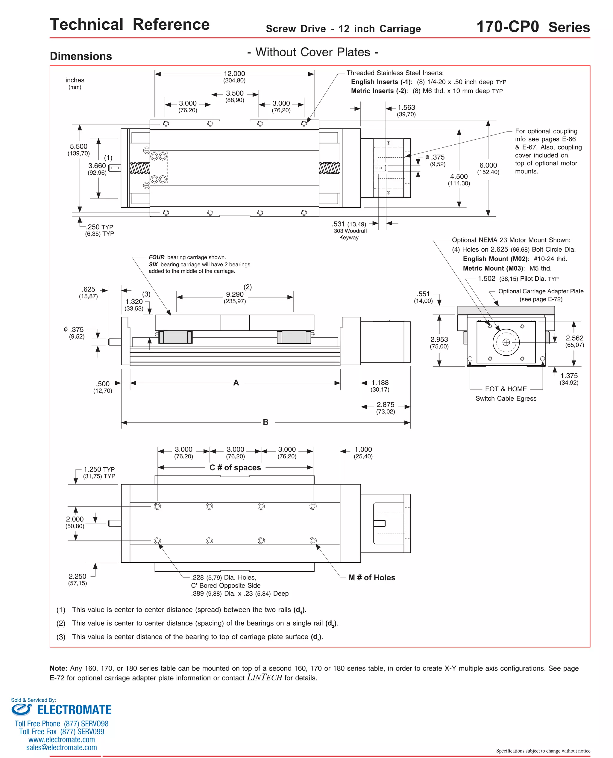 Technical Reference Screw Drive - 12 inch Carriage 170-CP0 Series 
Dimensions - Without Cover Plates - 
5.500 
(139,70) 
(2) This value is center to center distance (spacing) of the bearings on a single rail (d2). 
Optional NEMA 23 Motor Mount Shown: 
(4) Holes on 2.625 (66,68) Bolt Circle Dia. 
English Mount (M02): #10-24 thd. 
Metric Mount (M03): M5 thd. 
Note: Any 160, 170, or 180 series table can be mounted on top of a second 160, 170 or 180 series table, in order to create X-Y multiple axis configurations. See page 
E-72 for optional carriage adapter plate information or contact LINTECH for details. 
Specifications subject to change without notice 
12.000 
(304,80) 
A 
B 
FOUR bearing carriage shown. 
SIX bearing carriage will have 2 bearings 
added to the middle of the carriage. 
(3) 
3.500 
(88,90) 
EOT & HOME 
Switch Cable Egress 
3.660 
(92,96) 
.250 TYP 
(6,35) TYP 
.625 
(15,87) 
.500 
(12,70) 
1.320 
(33,53) 
9.290 
(235,97) 
1.188 
(30,17) 
2.953 
(75,00) 
2.562 
(65,07) 
1.375 
(34,92) 
inches 
(mm) 
.375 
(9,52) 
(2) 
o 
Threaded Stainless Steel Inserts: 
English Inserts (-1): (8) 1/4-20 x .50 inch deep TYP 
Metric Inserts (-2): (8) M6 thd. x 10 mm deep TYP 
4.500 
(114,30) 
1.563 
(39,70) 
.375 
(9,52) 
o 
.531 (13,49) 
303 Woodruff 
Keyway 
2.875 
(73,02) 
(3) This value is center distance of the bearing to top of carriage plate surface (dr). 
M # of Holes 
1.250 TYP 
(31,75) TYP 
2.000 
(50,80) 
2.250 
(57,15) 
3.000 
(76,20) 
(1) This value is center to center distance (spread) between the two rails (d1). 
6.000 
(152,40) 
3.000 
(76,20) 
3.000 
(76,20) 
1.000 
(25,40) 
(1) 
1.502 (38,15) Pilot Dia. TYP 
.228 (5,79) Dia. Holes, 
C' Bored Opposite Side 
.389 (9,88) Dia. x .23 (5,84) Deep 
For optional coupling 
info see pages E-66 
& E-67. Also, coupling 
cover included on 
top of optional motor 
mounts. 
Optional Carriage Adapter Plate 
(see page E-72) 
.551 
(14,00) 
3.000 
(76,20) 
3.000 
(76,20) 
C # of spaces 
Sold & Serviced By: 
ELECTROMATE 
Toll Free Phone (877) SERVO98 
Toll Free Fax (877) SERV099 
www.electromate.com 
sales@electromate.com 
 