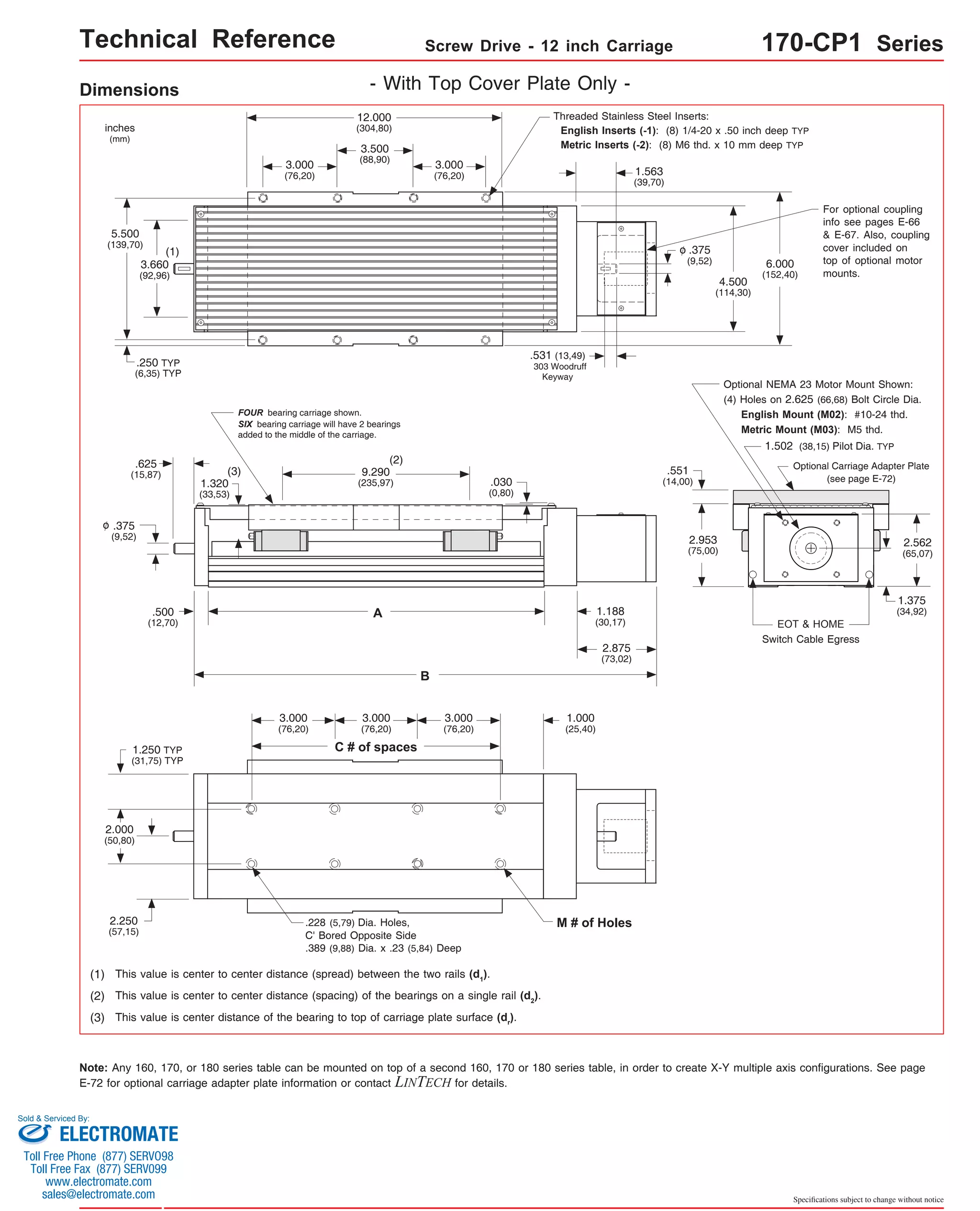 Technical Reference Screw Drive - 12 inch Carriage 170-CP1 Series 
Dimensions - With Top Cover Plate Only - 
12.000 
(304,80) 
3.500 
(88,90) 
5.500 
(139,70) 
3.660 
(92,96) 
.250 TYP 
(6,35) TYP 
C # of spaces 
(1) This value is center to center distance (spread) between the two rails (d1). 
(2) This value is center to center distance (spacing) of the bearings on a single rail (d2). 
Optional NEMA 23 Motor Mount Shown: 
(4) Holes on 2.625 (66,68) Bolt Circle Dia. 
English Mount (M02): #10-24 thd. 
Metric Mount (M03): M5 thd. 
Note: Any 160, 170, or 180 series table can be mounted on top of a second 160, 170 or 180 series table, in order to create X-Y multiple axis configurations. See page 
E-72 for optional carriage adapter plate information or contact LINTECH for details. 
Specifications subject to change without notice 
inches 
(mm) 
(3) This value is center distance of the bearing to top of carriage plate surface (dr). 
Threaded Stainless Steel Inserts: 
English Inserts (-1): (8) 1/4-20 x .50 inch deep TYP 
Metric Inserts (-2): (8) M6 thd. x 10 mm deep TYP 
4.500 
(114,30) 
1.563 
(39,70) 
.375 
(9,52) 
o 
.531 (13,49) 
303 Woodruff 
Keyway 
6.000 
(152,40) 
(1) 
For optional coupling 
info see pages E-66 
& E-67. Also, coupling 
cover included on 
top of optional motor 
mounts. 
3.000 
(76,20) 
3.000 
(76,20) 
A 
B 
FOUR bearing carriage shown. 
SIX bearing carriage will have 2 bearings 
added to the middle of the carriage. 
(3) 
.625 
(15,87) 
.500 
(12,70) 
1.320 
(33,53) 
9.290 
(235,97) 
1.188 
(30,17) 
.375 
(9,52) 
(2) 
o 
2.875 
(73,02) 
M # of Holes 
1.250 TYP 
(31,75) TYP 
2.000 
(50,80) 
2.250 
(57,15) 
3.000 
(76,20) 
3.000 
(76,20) 
3.000 
(76,20) 
1.000 
(25,40) 
.228 (5,79) Dia. Holes, 
C' Bored Opposite Side 
.389 (9,88) Dia. x .23 (5,84) Deep 
EOT & HOME 
Switch Cable Egress 
2.953 
(75,00) 
2.562 
(65,07) 
1.375 
(34,92) 
1.502 (38,15) Pilot Dia. TYP 
.551 
(14,00) 
Optional Carriage Adapter Plate 
.030 (see page E-72) 
(0,80) 
Sold & Serviced By: 
ELECTROMATE 
Toll Free Phone (877) SERVO98 
Toll Free Fax (877) SERV099 
www.electromate.com 
sales@electromate.com 
 