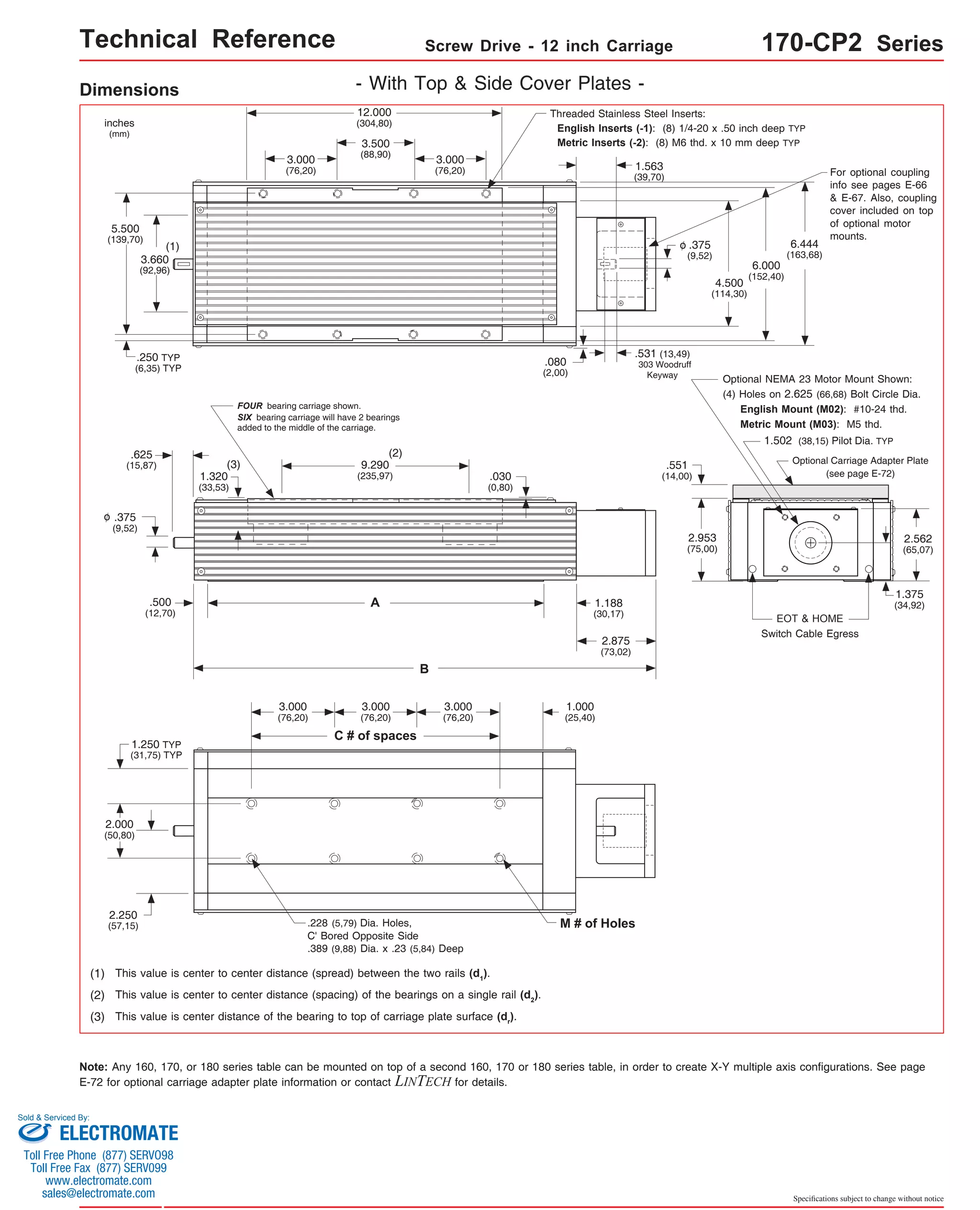 Technical Reference Screw Drive - 12 inch Carriage 170-CP2 Series 
Dimensions - With Top & Side Cover Plates - 
inches 
(mm) 
12.000 
(304,80) 
3.500 
(88,90) 
5.500 
(139,70) 
3.660 
(92,96) 
.250 TYP 
(6,35) TYP 
C # of spaces 
(1) This value is center to center distance (spread) between the two rails (d1). 
(2) This value is center to center distance (spacing) of the bearings on a single rail (d2). 
Optional NEMA 23 Motor Mount Shown: 
(4) Holes on 2.625 (66,68) Bolt Circle Dia. 
English Mount (M02): #10-24 thd. 
Metric Mount (M03): M5 thd. 
Note: Any 160, 170, or 180 series table can be mounted on top of a second 160, 170 or 180 series table, in order to create X-Y multiple axis configurations. See page 
E-72 for optional carriage adapter plate information or contact LINTECH for details. 
Specifications subject to change without notice 
(3) This value is center distance of the bearing to top of carriage plate surface (dr). 
Threaded Stainless Steel Inserts: 
English Inserts (-1): (8) 1/4-20 x .50 inch deep TYP 
Metric Inserts (-2): (8) M6 thd. x 10 mm deep TYP 
4.500 
(114,30) 
1.563 
(39,70) 
.375 
(9,52) 
o 
.531 (13,49) 
303 Woodruff 
Keyway 
6.000 
(152,40) 
(1) 
For optional coupling 
info see pages E-66 
& E-67. Also, coupling 
cover included on top 
of optional motor 
mounts. 
3.000 
(76,20) 
3.000 
(76,20) 
6.444 
(163,68) 
.080 
(2,00) 
EOT & HOME 
Switch Cable Egress 
2.953 
(75,00) 
2.562 
(65,07) 
1.375 
(34,92) 
1.502 (38,15) Pilot Dia. TYP 
.551 
(14,00) 
Optional Carriage Adapter Plate 
(see page E-72) 
A 
B 
FOUR bearing carriage shown. 
SIX bearing carriage will have 2 bearings 
added to the middle of the carriage. 
(3) 
.625 
(15,87) 
.500 
(12,70) 
1.320 
(33,53) 
9.290 
(235,97) 
1.188 
(30,17) 
.375 
(9,52) 
(2) 
o 
2.875 
(73,02) 
.030 
(0,80) 
M # of Holes 
1.250 TYP 
(31,75) TYP 
2.000 
(50,80) 
2.250 
(57,15) 
3.000 
(76,20) 
3.000 
(76,20) 
3.000 
(76,20) 
1.000 
(25,40) 
.228 (5,79) Dia. Holes, 
C' Bored Opposite Side 
.389 (9,88) Dia. x .23 (5,84) Deep 
Sold & Serviced By: 
ELECTROMATE 
Toll Free Phone (877) SERVO98 
Toll Free Fax (877) SERV099 
www.electromate.com 
sales@electromate.com 
 