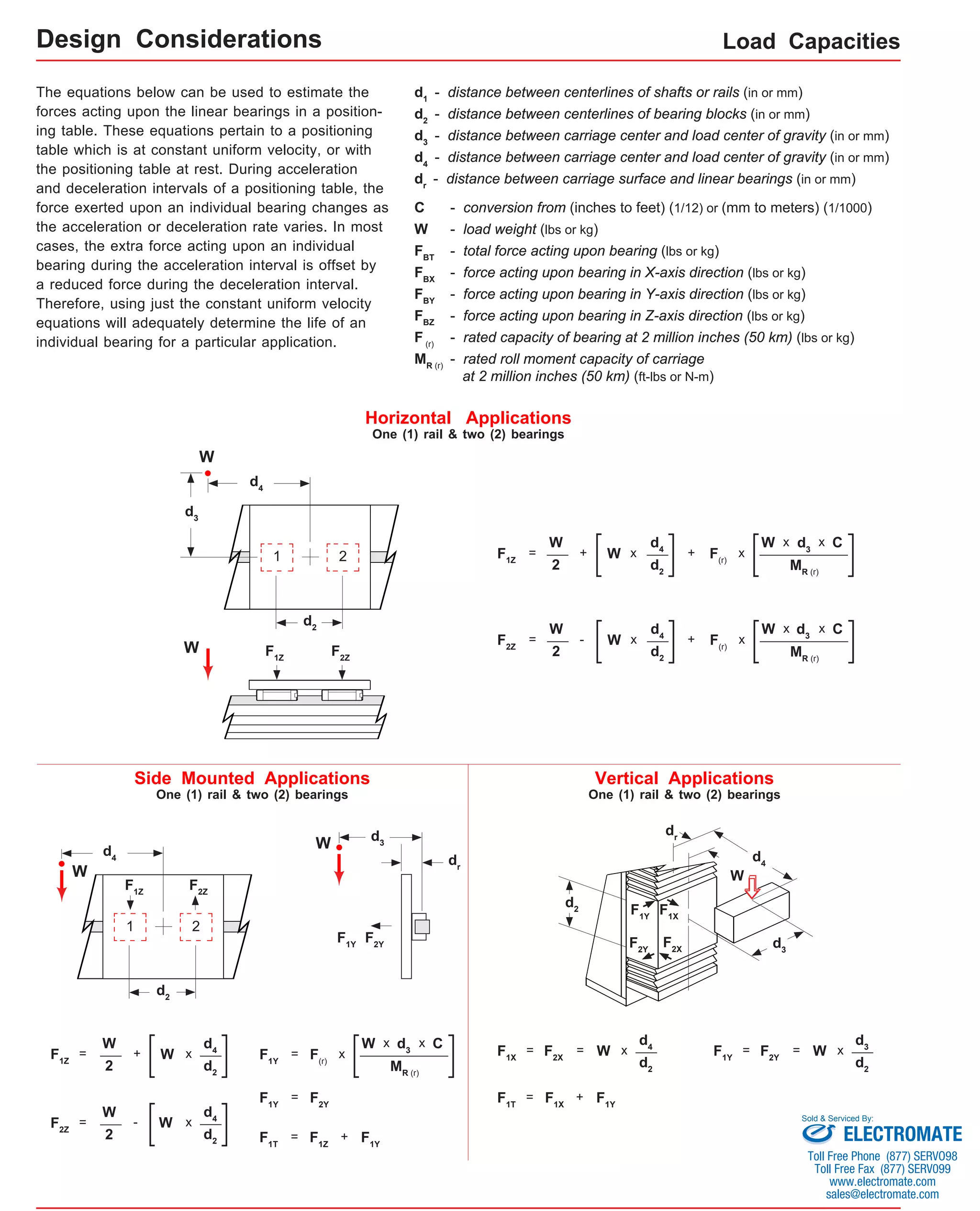 d1 - distance between centerlines of shafts or rails (in or mm) 
d2 - distance between centerlines of bearing blocks (in or mm) 
d3 - distance between carriage center and load center of gravity (in or mm) 
d4 - distance between carriage center and load center of gravity (in or mm) 
dr - distance between carriage surface and linear bearings (in or mm) 
W - load weight (lbs or kg) 
FBX - force acting upon bearing in X-axis direction (lbs or kg) 
FBY - force acting upon bearing in Y-axis direction (lbs or kg) 
FBZ - force acting upon bearing in Z-axis direction (lbs or kg) 
The equations below can be used to estimate the 
forces acting upon the linear bearings in a position-ing 
table. These equations pertain to a positioning 
table which is at constant uniform velocity, or with 
the positioning table at rest. During acceleration 
and deceleration intervals of a positioning table, the 
force exerted upon an individual bearing changes as 
the acceleration or deceleration rate varies. In most 
cases, the extra force acting upon an individual 
bearing during the acceleration interval is offset by 
a reduced force during the deceleration interval. 
Therefore, using just the constant uniform velocity 
equations will adequately determine the life of an 
individual bearing for a particular application. 
Horizontal Applications 
One (1) rail & two (2) bearings 
W 
1 2 
d4 
d3 
F1Z F2Z W 
Load Capacities 
d2 
Side Mounted Applications 
One (1) rail & two (2) bearings 
d W 4 
W 
dr 
F1Z F2Z 
d3 
1 2 
d2 
d4 
d2 
W x 
W 
2 
F1Z = 
d4 
d2 
W x 
W 
2 
F2Z = 
+ 
- 
C - conversion from (inches to feet) (1/12) or (mm to meters) (1/1000) 
- rated capacity of bearing at 2 million inches (50 km) (lbs or kg) 
d4 
d2 
W x 
F1Z = + + 
d4 
d2 
W x 
F2Z = - + 
Vertical Applications 
One (1) rail & two (2) bearings 
FF1Y 
1X 
FF2Y 
2X d2 
d3 
d4 
W 
F1X = 
d3 
d2 
x 
dr 
W 
2 
W 
2 
F2X = F1Y = F W 2Y = 
F1Y = x 
MR (r) 
F(r) 
d3 W x x C 
F1Y = F2Y 
F1Y F2Y 
d4 
d2 
W x 
F (r) 
- rated roll moment capacity of carriage 
at 2 million inches (50 km) (ft-lbs or N-m) 
MR (r) 
x 
MR (r) 
F(r) 
d3 W x x C 
x 
MR (r) 
F(r) 
d3 W x x C 
F1T = F1Z + F1Y 
FBT - total force acting upon bearing (lbs or kg) 
F1T = F1X + F1Y 
Design Considerations 
Sold & Serviced By: 
ELECTROMATE 
Toll Free Phone (877) SERVO98 
Toll Free Fax (877) SERV099 
www.electromate.com 
sales@electromate.com 
 
