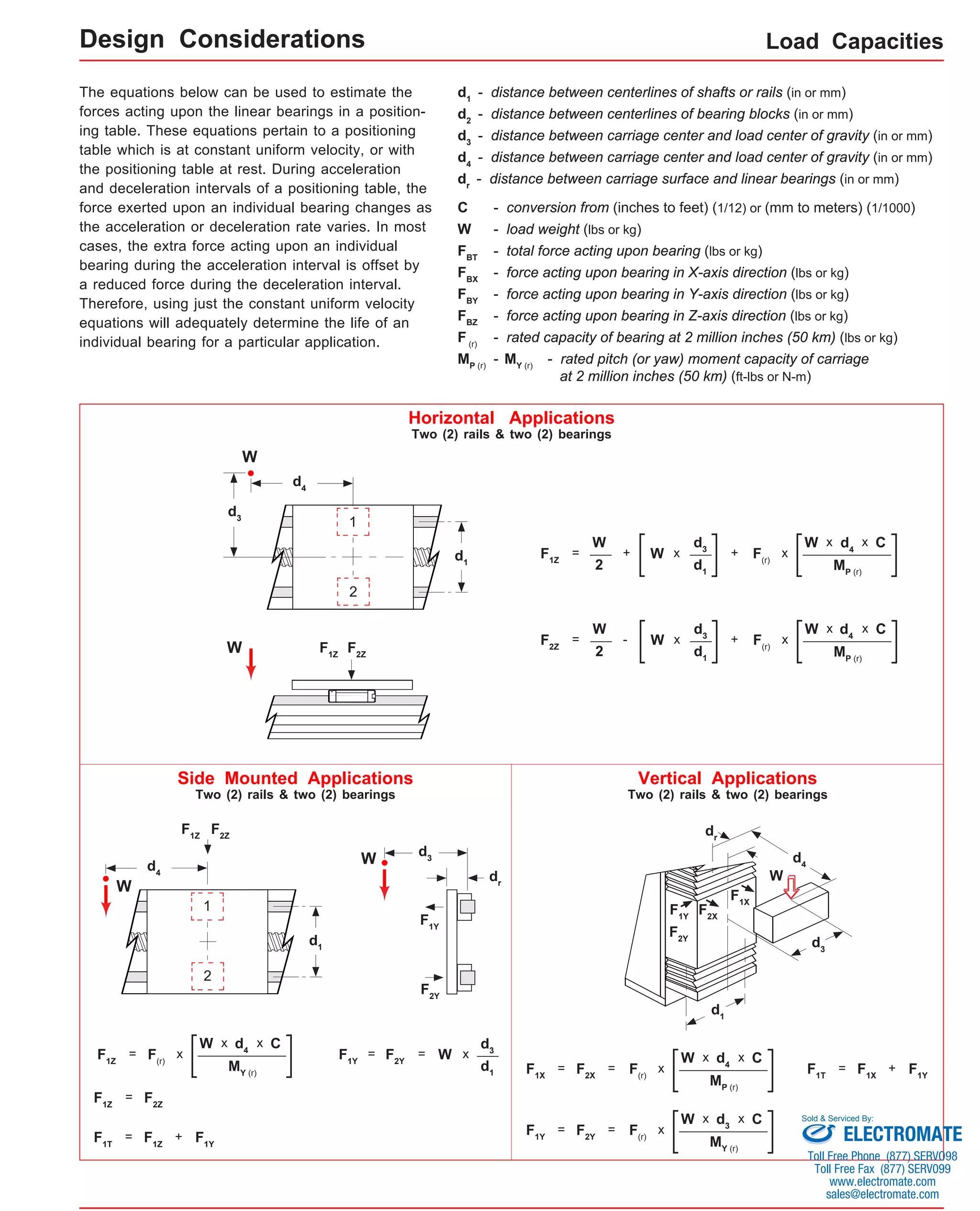Load Capacities 
d1 - distance between centerlines of shafts or rails (in or mm) 
d2 - distance between centerlines of bearing blocks (in or mm) 
d3 - distance between carriage center and load center of gravity (in or mm) 
d4 - distance between carriage center and load center of gravity (in or mm) 
dr - distance between carriage surface and linear bearings (in or mm) 
W - load weight (lbs or kg) 
FBT - total force acting upon bearing (lbs or kg) 
FBX - force acting upon bearing in X-axis direction (lbs or kg) 
FBY - force acting upon bearing in Y-axis direction (lbs or kg) 
FBZ - force acting upon bearing in Z-axis direction (lbs or kg) 
Horizontal Applications 
Two (2) rails & two (2) bearings 
d3 
W 
F1Z = + + 
W 
F2Z = - + 
Design Considerations 
1 F2X 
F1Y 
F2Y 
1 
Side Mounted Applications 
Two (2) rails & two (2) bearings 
d W 4 
W dr 
Vertical Applications 
Two (2) rails & two (2) bearings 
W 
d1 
2 
d4 
d3 
F1Z F2Z W 
d1 
2 
F1X F1Y 
d3 
d1 
d4 
W 
dr 
F2Y 
The equations below can be used to estimate the 
forces acting upon the linear bearings in a position-ing 
table. These equations pertain to a positioning 
table which is at constant uniform velocity, or with 
the positioning table at rest. During acceleration 
and deceleration intervals of a positioning table, the 
force exerted upon an individual bearing changes as 
the acceleration or deceleration rate varies. In most 
cases, the extra force acting upon an individual 
bearing during the acceleration interval is offset by 
a reduced force during the deceleration interval. 
Therefore, using just the constant uniform velocity 
equations will adequately determine the life of an 
individual bearing for a particular application. 
C - conversion from (inches to feet) (1/12) or (mm to meters) (1/1000) 
F - rated capacity of bearing at 2 million inches (50 km) (lbs or kg) (r) 
- rated pitch (or yaw) moment capacity of carriage 
at 2 million inches (50 km) (ft-lbs or N-m) 
MP (r) 
MY (r) - 
d3 
d1 
W x 
2 
d3 
d1 
W x 
2 
x 
MP (r) 
F(r) 
d4 W x x C 
x 
MP (r) 
F(r) 
d4 W x x C 
F1Z = x 
MY (r) 
F(r) 
d4 W x x C d3 
d1 
F x 1Y = F W 2Y = 
F1Z = F2Z 
F1T = F1Z + F1Y 
F1X = x 
MP (r) 
F(r) 
d4 W x x C 
F2X = 
F1Y = x 
MY (r) 
F(r) 
d3 W x x C 
F2Y = 
F1T = F1X + F1Y 
F1Z F2Z 
Sold & Serviced By: 
ELECTROMATE 
Toll Free Phone (877) SERVO98 
Toll Free Fax (877) SERV099 
www.electromate.com 
sales@electromate.com 
 
