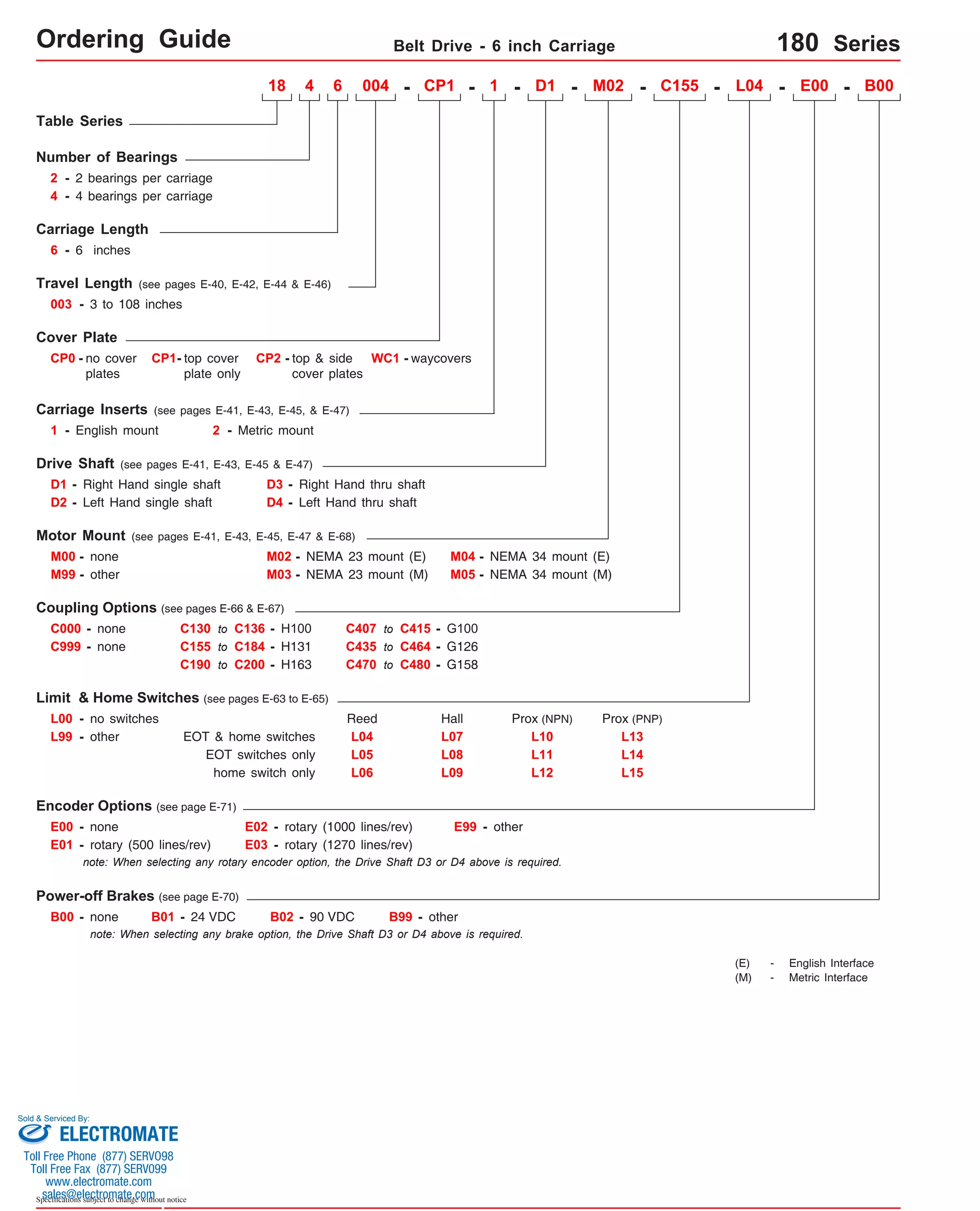 Ordering Guide Belt Drive - 6 inch Carriage 180 Series 
Table Series 
Carriage Length 
6 - 6 inches 
Travel Length (see pages E-40, E-42, E-44 & E-46) 
003 - 3 to 108 inches 
Drive Shaft (see pages E-41, E-43, E-45 & E-47) 
D1 - Right Hand single shaft 
D3 - Right Hand thru shaft 
D2 
- 
Motor Mount (see pages E-41, E-43, E-45, E-47 & E-68) 
M00 - none M02 - 
M99 - other 
Coupling Options (see pages E-66 & E-67) 
C000 - none 
C999 - none 
L00 - no switches 
C130 to C136 - H100 
C155 to C184 - H131 
EOT & home switches 
E00 - none 
E01 - rotary (500 lines/rev) 
E02 - rotary (1000 lines/rev) 
E03 - rotary (1270 lines/rev) 
- D1 - M02 - C155 - L04 - E00 - B00 
M04 - 
NEMA 34 mount (E) 
M05 - NEMA 34 mount (M) 
Prox (NPN) 
E99 - other 
B00 - none B01 - 24 VDC B02 - 90 VDC B99 - other 
Sold & Serviced By: 
Specifications subject to change without notice 
NEMA 23 mount (E) 
M03 - NEMA 23 mount (M) 
Limit & Home Switches (see pages E-63 to E-65) 
Encoder Options (see page E-71) 
Power-off Brakes (see page E-70) 
C407 to C415 - G100 
C435 to C464 - G126 
C470 to C480 - G158 
L99 - other 
note: When selecting any rotary encoder option, the Drive Shaft D3 or D4 above is required. 
note: When selecting any brake option, the Drive Shaft D3 or D4 above is required. 
(E) - English Interface 
(M) - Metric Interface 
Left Hand single shaft D4 - 
Left Hand thru shaft 
EOT switches only 
home switch only 
Reed Hall 
L04 
L07 
L05 
L08 
L06 
L09 
L10 
L11 
L12 
Prox (PNP) 
L13 
L14 
L15 
18 4 6 - CP1 - 1 
Number of Bearings 
2 - 2 bearings per carriage 
4 - 4 bearings per carriage 
004 
Cover Plate 
Carriage Inserts (see pages E-41, E-43, E-45, & E-47) 
1 - English mount 2 - Metric mount 
C190 to C200 - H163 
CP0 - no cover 
plates 
CP1- top cover WC1 - waycovers 
plate only 
CP2 - top & side 
cover plates 
180 Series Ordering 
Guide 
ELECTROMATE 
Toll Free Phone (877) SERVO98 
Toll Free Fax (877) SERV099 
www.electromate.com 
sales@electromate.com 
 