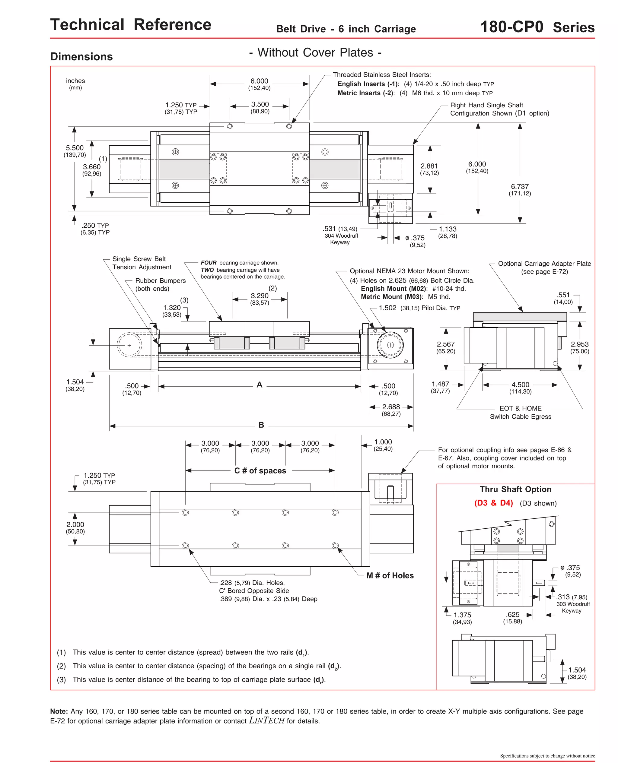 Technical Reference Belt Drive - 6 inch Carriage 180-CP0 Series 
2.881 
(73,12) 
Right Hand Single Shaft 
Configuration Shown (D1 option) 
6.737 
(171,12) 
Optional Carriage Adapter Plate 
(see page E-72) 
Single Screw Belt 
Tension Adjustment 
Rubber Bumpers 
(both ends) 
1.504 
(38,20) 4.500 
(114,30) 
EOT & HOME 
Threaded Stainless Steel Inserts: 
English Inserts (-1): (4) 1/4-20 x .50 inch deep TYP 
Metric Inserts (-2): (4) M6 thd. x 10 mm deep TYP 
Switch Cable Egress 
.551 
(14,00) 
2.953 
(75,00) 
6.000 
(152,40) 
1.133 
(28,78) 
1.487 
(37,77) 
For optional coupling info see pages E-66 & 
E-67. Also, coupling cover included on top 
of optional motor mounts. 
Thru Shaft Option 
(D3 & D4) (D3 shown) 
.375 
(9,52) 
o 
.313 (7,95) 
303 Woodruff 
Keyway .625 
(15,88) 
1.504 
(38,20) 
Specifications subject to change without notice 
Dimensions - Without Cover Plates - 
6.000 
(152,40) 
3.500 
(88,90) 
FOUR bearing carriage shown. 
TWO bearing carriage will have 
bearings centered on the carriage. 
(2) 
3.290 
(83,57) 
A 
B 
1.250 TYP 
(31,75) TYP 
(3) 
.375 
(9,52) 
o 
.531 (13,49) 
304 Woodruff 
Optional NEMA 23 Motor Mount Shown: 
(4) Holes on 2.625 (66,68) Bolt Circle Dia. 
English Mount (M02): #10-24 thd. 
Metric Mount (M03): M5 thd. 
1.502 (38,15) Pilot Dia. TYP 
inches 
(mm) 
5.500 
(139,70) 
(1) 
3.660 
(92,96) 
.250 TYP 
(6,35) TYP 
.500 
(12,70) 
1.320 
(33,53) 
2.567 
(65,20) 
Keyway 
.500 
(12,70) 
2.688 
(68,27) 
1.250 TYP 
(31,75) TYP 
2.000 
(50,80) 
3.000 
(76,20) 
C # of spaces 
3.000 
(76,20) 
3.000 
(76,20) 
.228 (5,79) Dia. Holes, 
C' Bored Opposite Side 
.389 (9,88) Dia. x .23 (5,84) Deep 
(1) This value is center to center distance (spread) between the two rails (d1). 
(2) This value is center to center distance (spacing) of the bearings on a single rail (d2). 
(3) This value is center distance of the bearing to top of carriage plate surface (dr). 
1.000 
(25,40) 
M # of Holes 
1.375 
(34,93) 
Note: Any 160, 170, or 180 series table can be mounted on top of a second 160, 170 or 180 series table, in order to create X-Y multiple axis configurations. See page 
E-72 for optional carriage adapter plate information or contact LINTECH for details. 
 