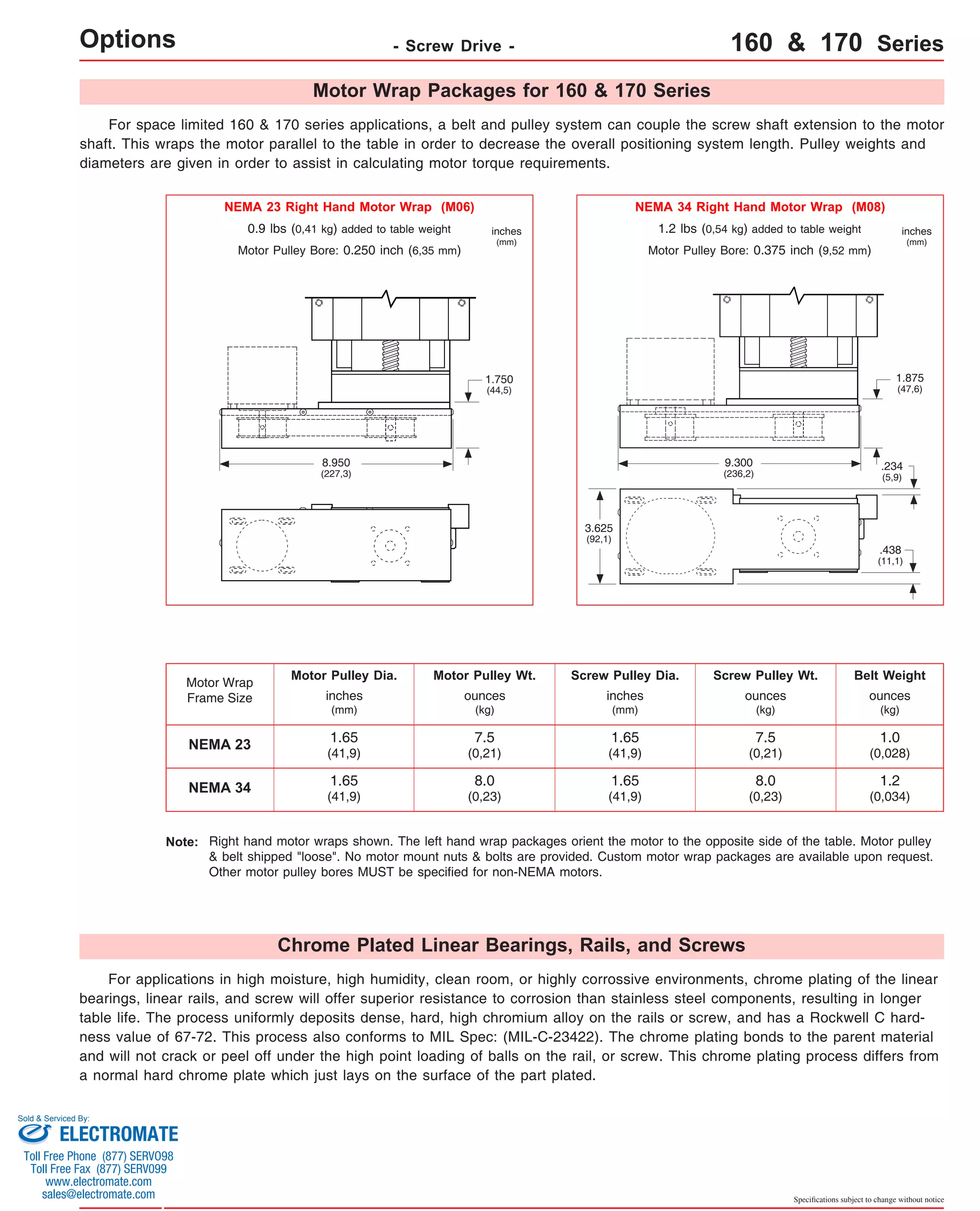 For space limited 160 & 170 series applications, a belt and pulley system can couple the screw shaft extension to the motor 
shaft. This wraps the motor parallel to the table in order to decrease the overall positioning system length. Pulley weights and 
diameters are given in order to assist in calculating motor torque requirements. 
NEMA 23 Right Hand Motor Wrap (M06) NEMA 34 Right Hand Motor Wrap (M08) 
1.2 lbs (0,54 kg) added to table weight inches 
(mm) 
Motor Pulley Bore: 0.375 inch (9,52 mm) 
1.875 
(47,6) 
.234 
(5,9) 
.438 
(11,1) 
Specifications subject to change without notice 
Motor Wrap Packages for 160 & 170 Series 
Options - Screw Drive - 160 & 170 Series 
0.9 lbs (0,41 kg) added to table weight inches 
Motor Pulley Bore: 0.250 inch (6,35 mm) 
Motor Wrap 
Frame Size 
NEMA 23 
NEMA 34 
(mm) 
8.950 
(227,3) 
1.750 
(44,5) 
9.300 
(236,2) 
3.625 
(92,1) 
Motor Pulley Dia. Motor Pulley Wt. Screw Pulley Dia. Screw Pulley Wt. Belt Weight 
inches 
(mm) 
1.65 
(41,9) 
1.65 
(41,9) 
inches 
(mm) 
ounces 
(kg) 
ounces 
(kg) 
ounces 
(kg) 
1.65 
(41,9) 
1.65 
(41,9) 
7.5 
(0,21) 
8.0 
(0,23) 
7.5 
(0,21) 
8.0 
(0,23) 
1.0 
(0,028) 
1.2 
(0,034) 
Right hand motor wraps shown. The left hand wrap packages orient the motor to the opposite side of the table. Motor pulley 
& belt shipped "loose". No motor mount nuts & bolts are provided. Custom motor wrap packages are available upon request. 
Other motor pulley bores MUST be specified for non-NEMA motors. 
Note: 
Chrome Plated Linear Bearings, Rails, and Screws 
For applications in high moisture, high humidity, clean room, or highly corrossive environments, chrome plating of the linear 
bearings, linear rails, and screw will offer superior resistance to corrosion than stainless steel components, resulting in longer 
table life. The process uniformly deposits dense, hard, high chromium alloy on the rails or screw, and has a Rockwell C hard-ness 
value of 67-72. This process also conforms to MIL Spec: (MIL-C-23422). The chrome plating bonds to the parent material 
and will not crack or peel off under the high point loading of balls on the rail, or screw. This chrome plating process differs from 
a normal hard chrome plate which just lays on the surface of the part plated. 
Sold & Serviced By: 
ELECTROMATE 
Toll Free Phone (877) SERVO98 
Toll Free Fax (877) SERV099 
www.electromate.com 
sales@electromate.com 
 