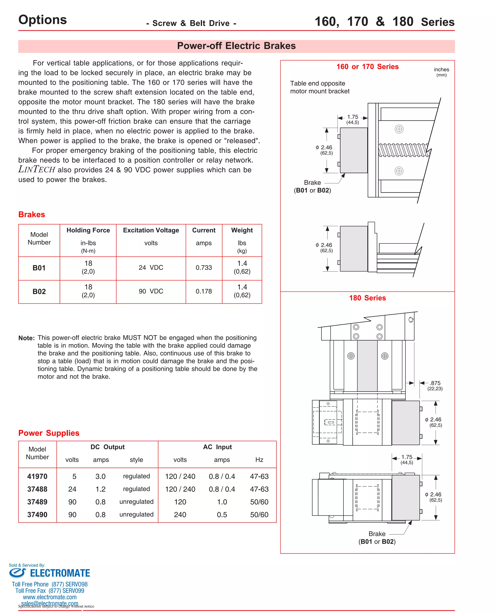 For vertical table applications, or for those applications requir-ing 
the load to be locked securely in place, an electric brake may be 
mounted to the positioning table. The 160 or 170 series will have the 
brake mounted to the screw shaft extension located on the table end, 
opposite the motor mount bracket. The 180 series will have the brake 
mounted to the thru drive shaft option. With proper wiring from a con-trol 
system, this power-off friction brake can ensure that the carriage 
is firmly held in place, when no electric power is applied to the brake. 
When power is applied to the brake, the brake is opened or "released". 
For proper emergency braking of the positioning table, this electric 
brake needs to be interfaced to a position controller or relay network. 
LINTECH also provides 24 & 90 VDC power supplies which can be 
used to power the brakes. 
41970 5 3.0 120 / 240 0.8 / 0.4 47-63 
Sold & Serviced By: 
Specifications subject to change without notice 
24 VDC 
Model 
Number 
B01 
Holding Force Excitation Voltage 
volts 
Current 
amps 
0.733 
Weight 
Brakes 
lbs 
(kg) 
in-lbs 
(N-m) 
1.4 
(0,62) 
18 
(2,0) 
B02 90 VDC 0.178 1.4 
(0,62) 
18 
(2,0) 
This power-off electric brake MUST NOT be engaged when the positioning 
table is in motion. Moving the table with the brake applied could damage 
the brake and the positioning table. Also, continuous use of this brake to 
stop a table (load) that is in motion could damage the brake and the posi-tioning 
table. Dynamic braking of a positioning table should be done by the 
motor and not the brake. 
Note: 
Power-off Electric Brakes 
Model 
Number 
37488 
37489 
24 
90 
37490 90 
DC Output 
volts amps 
1.2 
0.8 
0.8 
AC Input 
volts 
120 / 240 
amps 
120 
240 
0.8 / 0.4 
1.0 
0.5 
Power Supplies 
Hz 
47-63 
50/60 
50/60 
style 
regulated 
regulated 
unregulated 
unregulated 
Options - Screw & Belt Drive - 160, 170 & 180 Series 
Table end opposite 
motor mount bracket 
Brake 
(B01 or B02) 
160 or 170 Series 
2.46 
(62,5) 
1.75 
(44,5) 
2.46 
(62,5) 
inches 
(mm) 
o 
o 
2.46 
(62,5) 
o 
2.46 
(62,5) 
o 
1.75 
(44,5) 
180 Series 
.875 
(22,23) 
Brake 
(B01 or B02) 
ELECTROMATE 
Toll Free Phone (877) SERVO98 
Toll Free Fax (877) SERV099 
www.electromate.com 
sales@electromate.com 
 