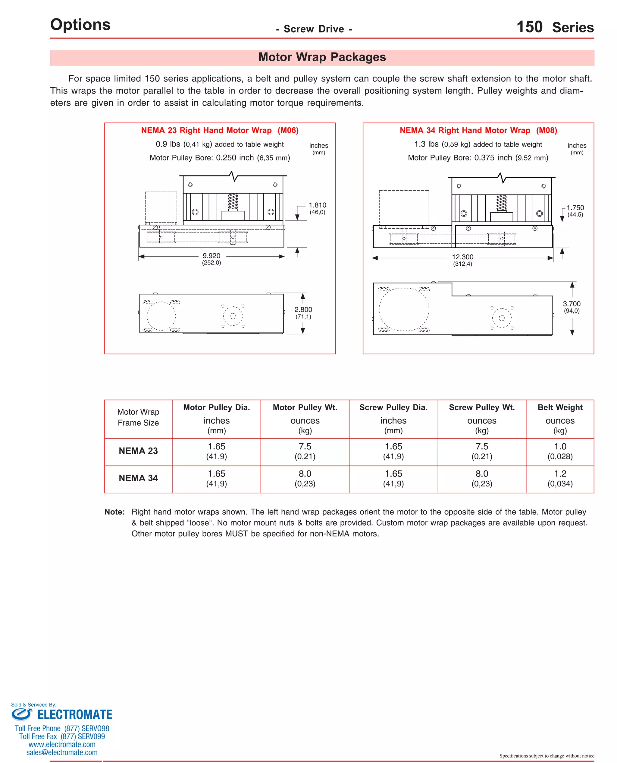 1.750 
(44,5) 
Specifications subject to change without notice 
Options - Screw Drive - 150 Series 
For space limited 150 series applications, a belt and pulley system can couple the screw shaft extension to the motor shaft. 
This wraps the motor parallel to the table in order to decrease the overall positioning system length. Pulley weights and diam-eters 
are given in order to assist in calculating motor torque requirements. 
Motor Wrap 
Frame Size 
NEMA 23 
NEMA 34 
1.810 
(46,0) 
Motor Pulley Dia. Motor Pulley Wt. Screw Pulley Dia. Screw Pulley Wt. Belt Weight 
inches 
(mm) 
1.65 
(41,9) 
1.65 
(41,9) 
inches 
(mm) 
ounces 
(kg) 
ounces 
(kg) 
ounces 
(kg) 
1.65 
(41,9) 
1.65 
(41,9) 
7.5 
(0,21) 
8.0 
(0,23) 
7.5 
(0,21) 
8.0 
(0,23) 
1.0 
(0,028) 
1.2 
(0,034) 
Motor Wrap Packages 
Right hand motor wraps shown. The left hand wrap packages orient the motor to the opposite side of the table. Motor pulley 
& belt shipped "loose". No motor mount nuts & bolts are provided. Custom motor wrap packages are available upon request. 
Other motor pulley bores MUST be specified for non-NEMA motors. 
Note: 
NEMA 23 Right Hand Motor Wrap (M06) NEMA 34 Right Hand Motor Wrap (M08) 
0.9 lbs (0,41 kg) added to table weight inches 
(mm) 
Motor Pulley Bore: 0.250 inch (6,35 mm) 
1.3 lbs (0,59 kg) added to table weight inches 
(mm) 
Motor Pulley Bore: 0.375 inch (9,52 mm) 
9.920 
(252,0) 
2.800 
(71,1) 
12.300 
(312,4) 
3.700 
(94,0) 
Sold & Serviced By: 
ELECTROMATE 
Toll Free Phone (877) SERVO98 
Toll Free Fax (877) SERV099 
www.electromate.com 
sales@electromate.com 
 