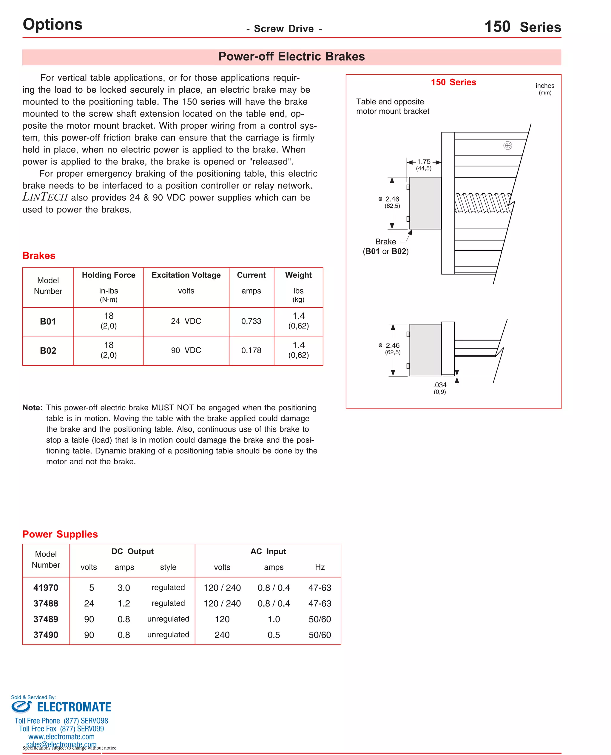 Options - Screw Drive - 150 Series 
For vertical table applications, or for those applications requir-ing 
the load to be locked securely in place, an electric brake may be 
mounted to the positioning table. The 150 series will have the brake 
mounted to the screw shaft extension located on the table end, op-posite 
the motor mount bracket. With proper wiring from a control sys-tem, 
this power-off friction brake can ensure that the carriage is firmly 
held in place, when no electric power is applied to the brake. When 
power is applied to the brake, the brake is opened or "released". 
For proper emergency braking of the positioning table, this electric 
brake needs to be interfaced to a position controller or relay network. 
LINTECH also provides 24 & 90 VDC power supplies which can be 
used to power the brakes. 
41970 5 3.0 120 / 240 0.8 / 0.4 47-63 
Sold & Serviced By: 
Specifications subject to change without notice 
24 VDC 
Model 
Number 
B01 
Holding Force Excitation Voltage 
volts 
Current 
amps 
0.733 
Weight 
Brakes 
lbs 
(kg) 
in-lbs 
(N-m) 
1.4 
(0,62) 
18 
(2,0) 
B02 90 VDC 0.178 1.4 
(0,62) 
18 
(2,0) 
This power-off electric brake MUST NOT be engaged when the positioning 
table is in motion. Moving the table with the brake applied could damage 
the brake and the positioning table. Also, continuous use of this brake to 
stop a table (load) that is in motion could damage the brake and the posi-tioning 
table. Dynamic braking of a positioning table should be done by the 
motor and not the brake. 
Note: 
Power-off Electric Brakes 
Model 
Number 
37488 
37489 
24 
90 
37490 90 
DC Output 
volts amps 
1.2 
0.8 
0.8 
AC Input 
volts 
120 / 240 
amps 
120 
240 
0.8 / 0.4 
1.0 
0.5 
Power Supplies 
Hz 
47-63 
50/60 
50/60 
style 
regulated 
regulated 
unregulated 
unregulated 
Table end opposite 
motor mount bracket 
Brake 
(B01 or B02) 
150 Series 
2.46 
(62,5) 
1.75 
(44,5) 
2.46 
(62,5) 
inches 
(mm) 
.034 
(0,9) 
o 
o 
ELECTROMATE 
Toll Free Phone (877) SERVO98 
Toll Free Fax (877) SERV099 
www.electromate.com 
sales@electromate.com 
 