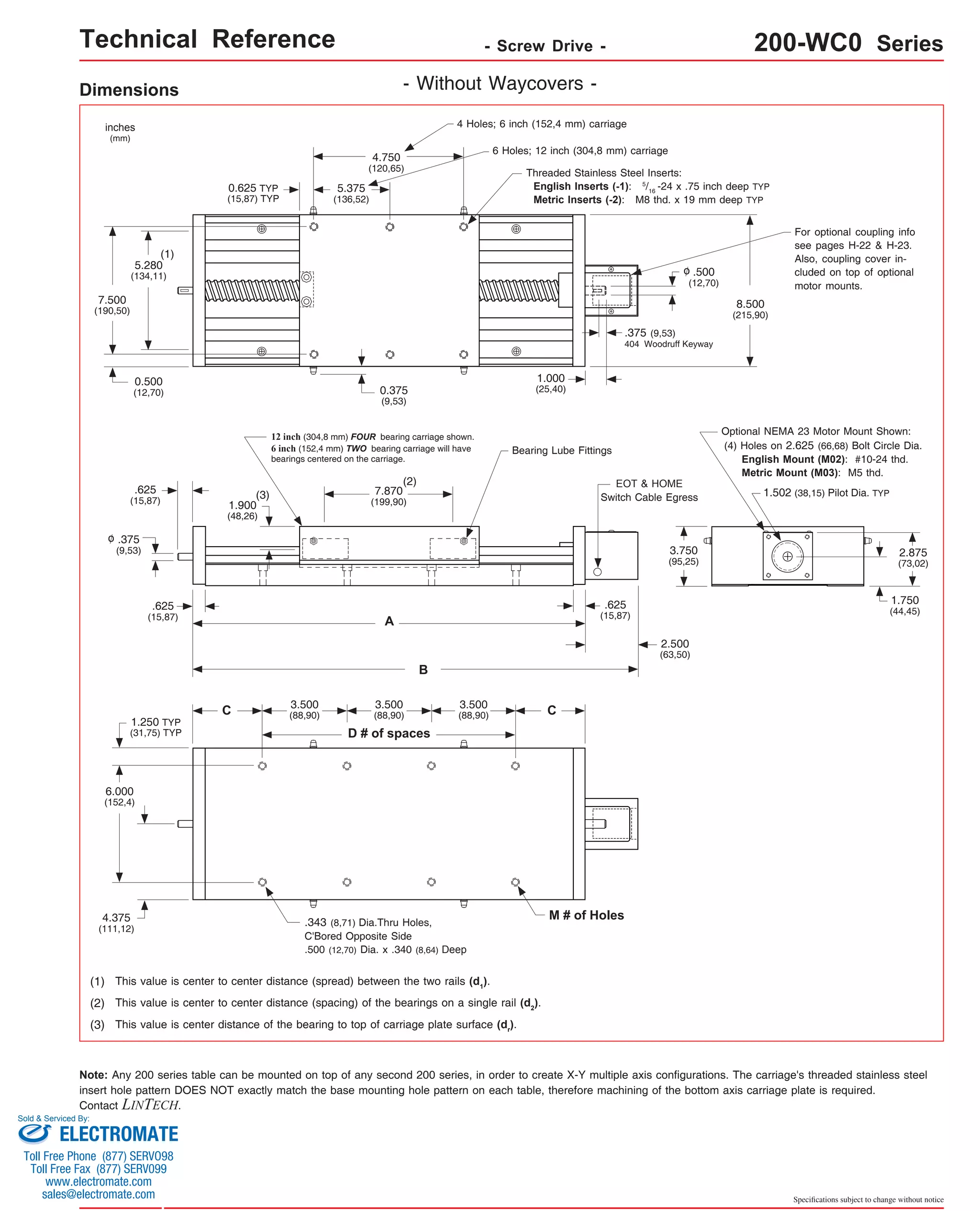 Technical Reference - Screw Drive - 200-WC0 Series 
Optional NEMA 23 Motor Mount Shown: 
(4) Holes on 2.625 (66,68) Bolt Circle Dia. 
English Mount (M02): #10-24 thd. 
Metric Mount (M03): M5 thd. 
1.502 (38,15) Pilot Dia. TYP 
Specifications subject to change without notice 
Dimensions - Without Waycovers - 
12 inch (304,8 mm) FOUR bearing carriage shown. 
6 inch (152,4 mm) TWO bearing carriage will have 
bearings centered on the carriage. 
(2) 
7.870 
(199,90) 
A 
B 
inches 
(mm) 
.625 
(15,87) 
.625 
(15,87) 
.375 
(9,53) 
4 Holes; 6 inch (152,4 mm) carriage 
(1) This value is center to center distance (spread) between the two rails (d1). 
6 Holes; 12 inch (304,8 mm) carriage 
(2) This value is center to center distance (spacing) of the bearings on a single rail (d2). 
(3) This value is center distance of the bearing to top of carriage plate surface (dr). 
Note: M # of Holes 
o 
3.750 
(95,25) 
Any 200 series table can be mounted on top of any second 200 series, in order to create X-Y multiple axis configurations. The carriage's threaded stainless steel 
insert hole pattern DOES NOT exactly match the base mounting hole pattern on each table, therefore machining of the bottom axis carriage plate is required. 
Contact LINTECH. 
2.875 
(73,02) 
6.000 
(152,4) 
4.375 
(111,12) 
1.750 
(44,45) 
o 
2.500 
(63,50) 
4.750 
(120,65) 
5.375 
(136,52) 
5.280 
(134,11) 
7.500 
(190,50) 8.500 
(215,90) 
0.625 TYP 
(15,87) TYP 
1.000 
(25,40) 
.500 
(12,70) 
.375 (9,53) 
404 Woodruff Keyway 
(1) 
0.500 
(12,70) 
.625 
(15,87) 
(3) 
EOT & HOME 
Switch Cable Egress 
.343 (8,71) Dia.Thru Holes, 
C'Bored Opposite Side 
.500 (12,70) Dia. x .340 (8,64) Deep 
1.900 
(48,26) 
1.250 TYP 
(31,75) TYP 
Threaded Stainless Steel Inserts: 
English Inserts (-1): 5/16 -24 x .75 inch deep TYP 
Metric Inserts (-2): M8 thd. x 19 mm deep TYP 
C 
D # of spaces 
C 3.500 
(88,90) 
3.500 
(88,90) 
3.500 
(88,90) 
Bearing Lube Fittings 
0.375 
(9,53) 
For optional coupling info 
see pages H-22 & H-23. 
Also, coupling cover in-cluded 
on top of optional 
motor mounts. 
Sold & Serviced By: 
ELECTROMATE 
Toll Free Phone (877) SERVO98 
Toll Free Fax (877) SERV099 
www.electromate.com 
sales@electromate.com 
 