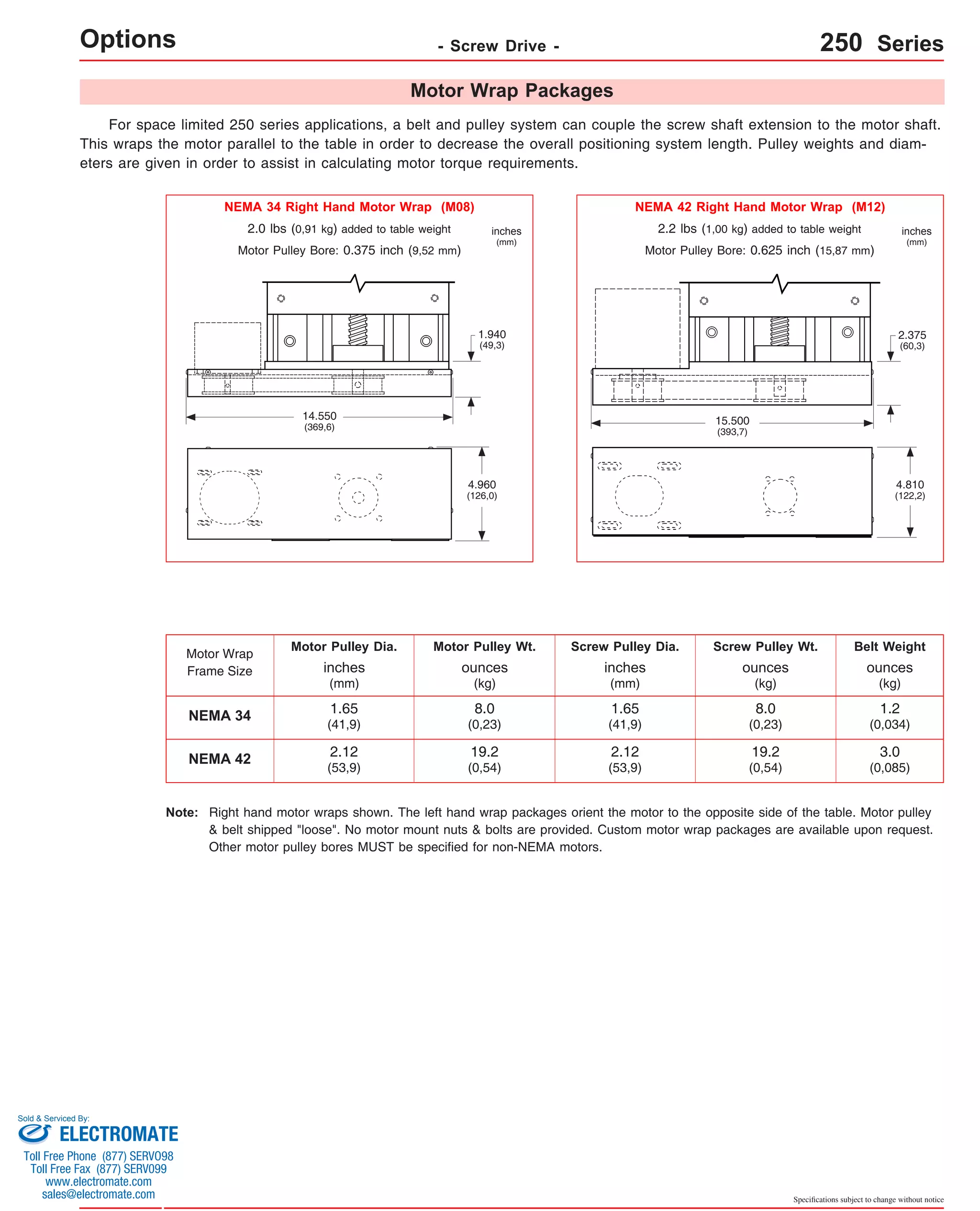 2.375 
(60,3) 
Specifications subject to change without notice 
Options - Screw Drive - 250 Series 
For space limited 250 series applications, a belt and pulley system can couple the screw shaft extension to the motor shaft. 
This wraps the motor parallel to the table in order to decrease the overall positioning system length. Pulley weights and diam-eters 
are given in order to assist in calculating motor torque requirements. 
Motor Wrap 
Frame Size 
NEMA 34 
NEMA 42 
1.940 
(49,3) 
Motor Pulley Dia. Motor Pulley Wt. Screw Pulley Dia. Screw Pulley Wt. Belt Weight 
inches 
(mm) 
1.65 
(41,9) 
2.12 
(53,9) 
inches 
(mm) 
ounces 
(kg) 
ounces 
(kg) 
ounces 
(kg) 
1.65 
(41,9) 
2.12 
(53,9) 
8.0 
(0,23) 
19.2 
(0,54) 
8.0 
(0,23) 
19.2 
(0,54) 
1.2 
(0,034) 
3.0 
(0,085) 
Motor Wrap Packages 
Right hand motor wraps shown. The left hand wrap packages orient the motor to the opposite side of the table. Motor pulley 
& belt shipped "loose". No motor mount nuts & bolts are provided. Custom motor wrap packages are available upon request. 
Other motor pulley bores MUST be specified for non-NEMA motors. 
Note: 
NEMA 34 Right Hand Motor Wrap (M08) NEMA 42 Right Hand Motor Wrap (M12) 
2.0 lbs (0,91 kg) added to table weight inches 
(mm) 
Motor Pulley Bore: 0.375 inch (9,52 mm) 
2.2 lbs (1,00 kg) added to table weight inches 
(mm) 
Motor Pulley Bore: 0.625 inch (15,87 mm) 
14.550 
(369,6) 
4.960 
(126,0) 
15.500 
(393,7) 
4.810 
(122,2) 
Sold & Serviced By: 
ELECTROMATE 
Toll Free Phone (877) SERVO98 
Toll Free Fax (877) SERV099 
www.electromate.com 
sales@electromate.com 
 