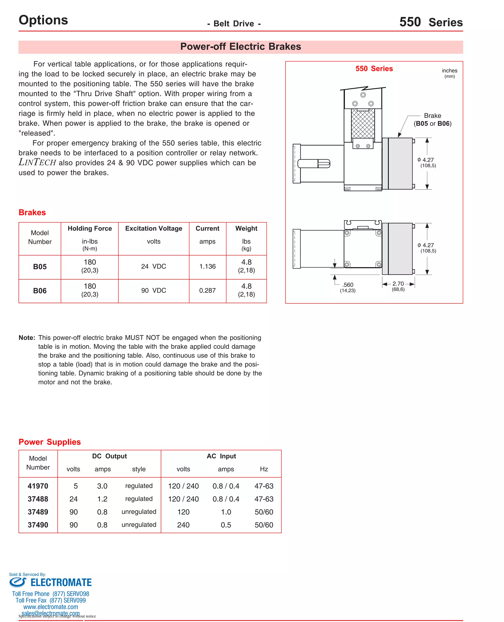 Options - Belt Drive - 550 Series 
For vertical table applications, or for those applications requir-ing 
the load to be locked securely in place, an electric brake may be 
mounted to the positioning table. The 550 series will have the brake 
mounted to the "Thru Drive Shaft" option. With proper wiring from a 
control system, this power-off friction brake can ensure that the car-riage 
is firmly held in place, when no electric power is applied to the 
brake. When power is applied to the brake, the brake is opened or 
"released". 
For proper emergency braking of the 550 series table, this electric 
brake needs to be interfaced to a position controller or relay network. 
LINTECH also provides 24 & 90 VDC power supplies which can be 
used to power the brakes. 
Model 
Number 
Holding Force Excitation Voltage 
41970 5 3.0 120 / 240 0.8 / 0.4 47-63 
Sold & Serviced By: 
Specifications subject to change without notice 
volts 
Current 
amps 
Weight 
Brakes 
lbs 
(kg) 
in-lbs 
(N-m) 
This power-off electric brake MUST NOT be engaged when the positioning 
table is in motion. Moving the table with the brake applied could damage 
the brake and the positioning table. Also, continuous use of this brake to 
stop a table (load) that is in motion could damage the brake and the posi-tioning 
table. Dynamic braking of a positioning table should be done by the 
motor and not the brake. 
Note: 
Power-off Electric Brakes 
B05 24 VDC 1.136 4.8 
(2,18) 
180 
(20,3) 
B06 90 VDC 0.287 4.8 
(2,18) 
180 
(20,3) 
Model 
Number 
37488 
37489 
24 
90 
37490 90 
DC Output 
volts amps 
1.2 
0.8 
0.8 
AC Input 
volts 
120 / 240 
amps 
120 
240 
0.8 / 0.4 
1.0 
0.5 
Power Supplies 
Hz 
47-63 
50/60 
50/60 
style 
regulated 
regulated 
unregulated 
unregulated 
550 Series 
4.27 
(108,5) 
4.27 
(108,5) 
2.70 
(68,6) 
.560 
(14,23) 
Brake 
(B05 or B06) 
o 
o 
inches 
(mm) 
ELECTROMATE 
Toll Free Phone (877) SERVO98 
Toll Free Fax (877) SERV099 
www.electromate.com 
sales@electromate.com 
 