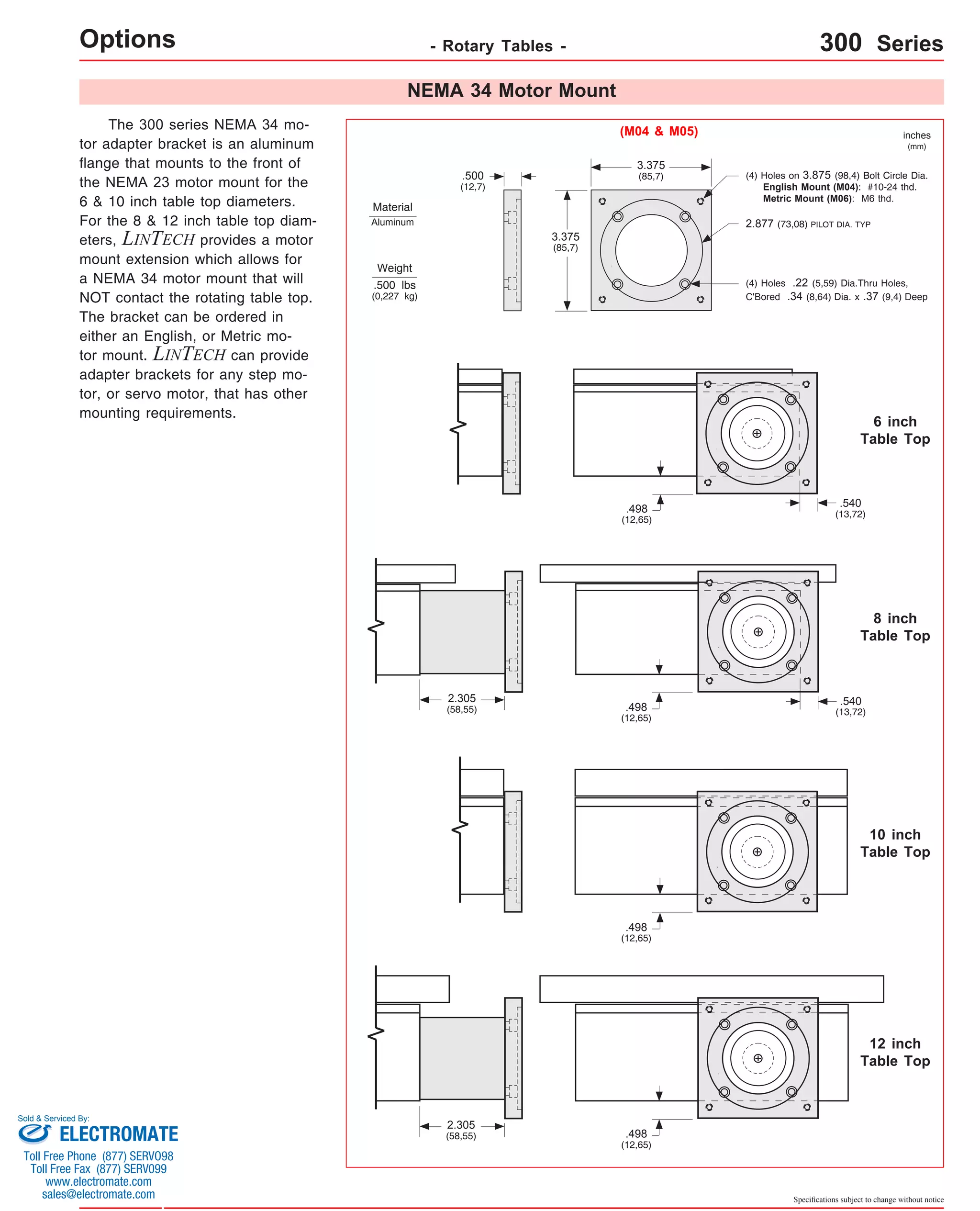 (4) Holes on 3.875 (98,4) Bolt Circle Dia. 
English Mount (M04): #10-24 thd. 
Metric Mount (M06): M6 thd. 
6 inch 
Table Top 
.540 
(13,72) 
8 inch 
Table Top 
Specifications subject to change without notice 
Options - Rotary Tables - 300 Series 
2.877 (73,08) PILOT DIA. TYP 
The 300 series NEMA 34 mo-tor 
adapter bracket is an aluminum 
flange that mounts to the front of 
the NEMA 23 motor mount for the 
6 & 10 inch table top diameters. 
For the 8 & 12 inch table top diam-eters, 
LINTECH provides a motor 
mount extension which allows for 
a NEMA 34 motor mount that will 
NOT contact the rotating table top. 
The bracket can be ordered in 
either an English, or Metric mo-tor 
mount. LINTECH can provide 
adapter brackets for any step mo-tor, 
or servo motor, that has other 
mounting requirements. 
Weight 
3.375 
(85,7) 
3.375 
.500 (85,7) 
(12,7) 
(4) Holes .22 (5,59) Dia.Thru Holes, 
C'Bored .34 (8,64) Dia. x .37 (9,4) Deep 
.500 lbs 
(0,227 kg) 
inches 
(mm) 
(M04 & M05) 
NEMA 34 Motor Mount 
Material 
Aluminum 
12 inch 
Table Top 
.498 
(12,65) 
.498 
(12,65) 
10 inch 
Table Top 
.498 
(12,65) 
.498 
(12,65) 
.540 
(13,72) 
2.305 
(58,55) 
2.305 
Sold & Serviced By: 
ELECTROMATE (58,55) 
Toll Free Phone (877) SERVO98 
Toll Free Fax (877) SERV099 
www.electromate.com 
sales@electromate.com 
 