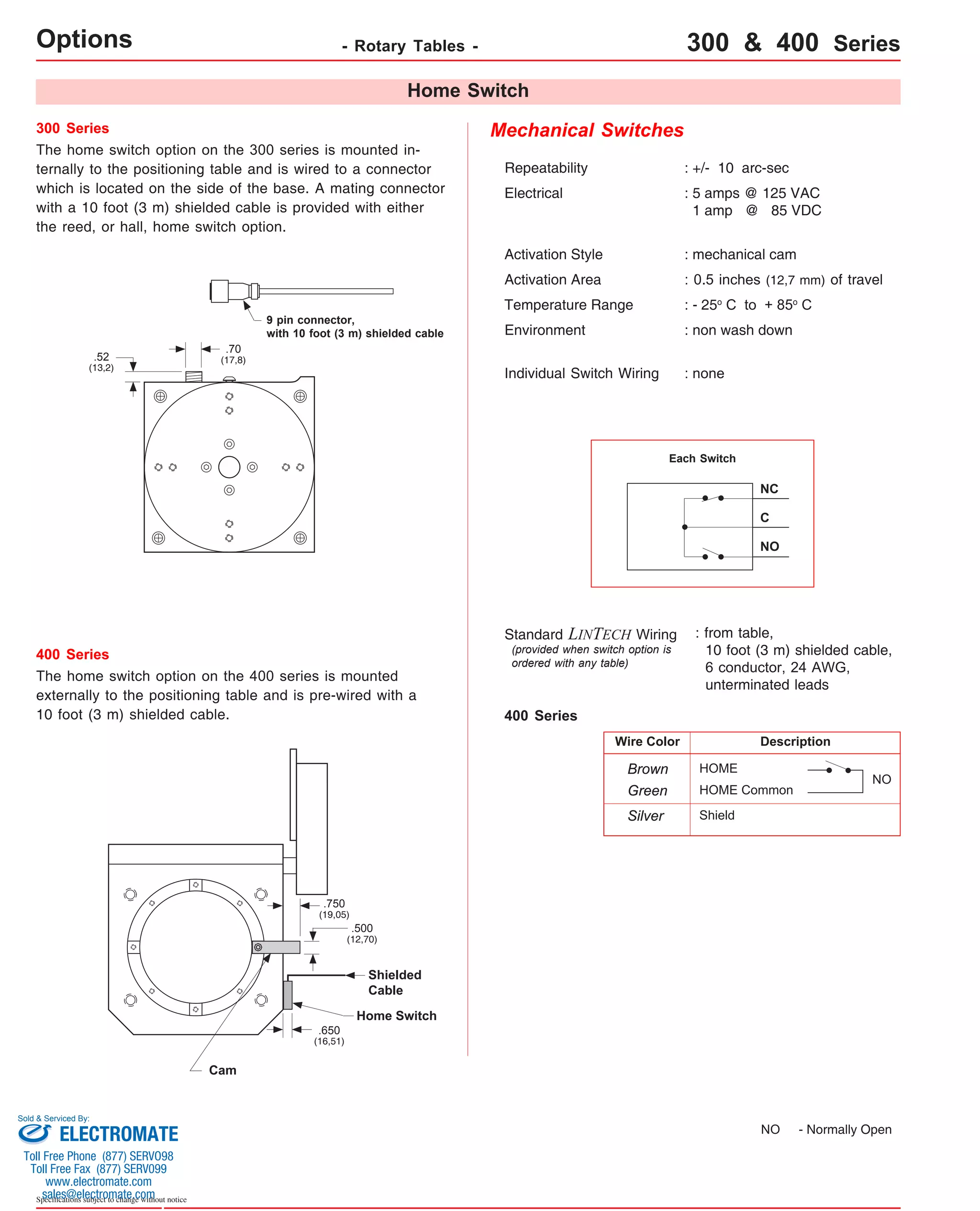 Options The home switch option on the 300 series is mounted in-ternally 
to the positioning table and is wired to a connector 
which is located on the side of the base. A mating connector 
with a 10 foot (3 m) shielded cable is provided with either 
the reed, or hall, home switch option. 
Sold & Serviced By: 
Specifications subject to change without notice 
- Rotary Tables - 300 & 400 Series 
Home Switch 
Mechanical Switches 
Repeatability : +/- 10 arc-sec 
Electrical : 5 amps @ 125 VAC 
1 amp @ 85 VDC 
Activation Style : mechanical cam 
Activation Area : 0.5 inches (12,7 mm) of travel 
Temperature Range : - 25o C to + 85o C 
Environment : non wash down 
Individual Switch Wiring : none 
NC 
C 
Description 
HOME 
HOME Common 
NO 
Wire Color 
Brown 
Green 
Silver Shield 
NO 
Each Switch 
: from table, 
10 foot (3 m) shielded cable, 
6 conductor, 24 AWG, 
unterminated leads 
Standard LINTECH Wiring 
(provided when switch option is 
ordered with any table) 
NO - Normally Open 
400 Series 
300 Series 
.70 
.52 (17,8) 
(13,2) 
9 pin connector, 
with 10 foot (3 m) shielded cable 
400 Series 
The home switch option on the 400 series is mounted 
externally to the positioning table and is pre-wired with a 
10 foot (3 m) shielded cable. 
Home Switch 
.750 
(19,05) 
.650 
(16,51) 
.500 
(12,70) 
Cam 
Shielded 
Cable 
ELECTROMATE 
Toll Free Phone (877) SERVO98 
Toll Free Fax (877) SERV099 
www.electromate.com 
sales@electromate.com 
 
