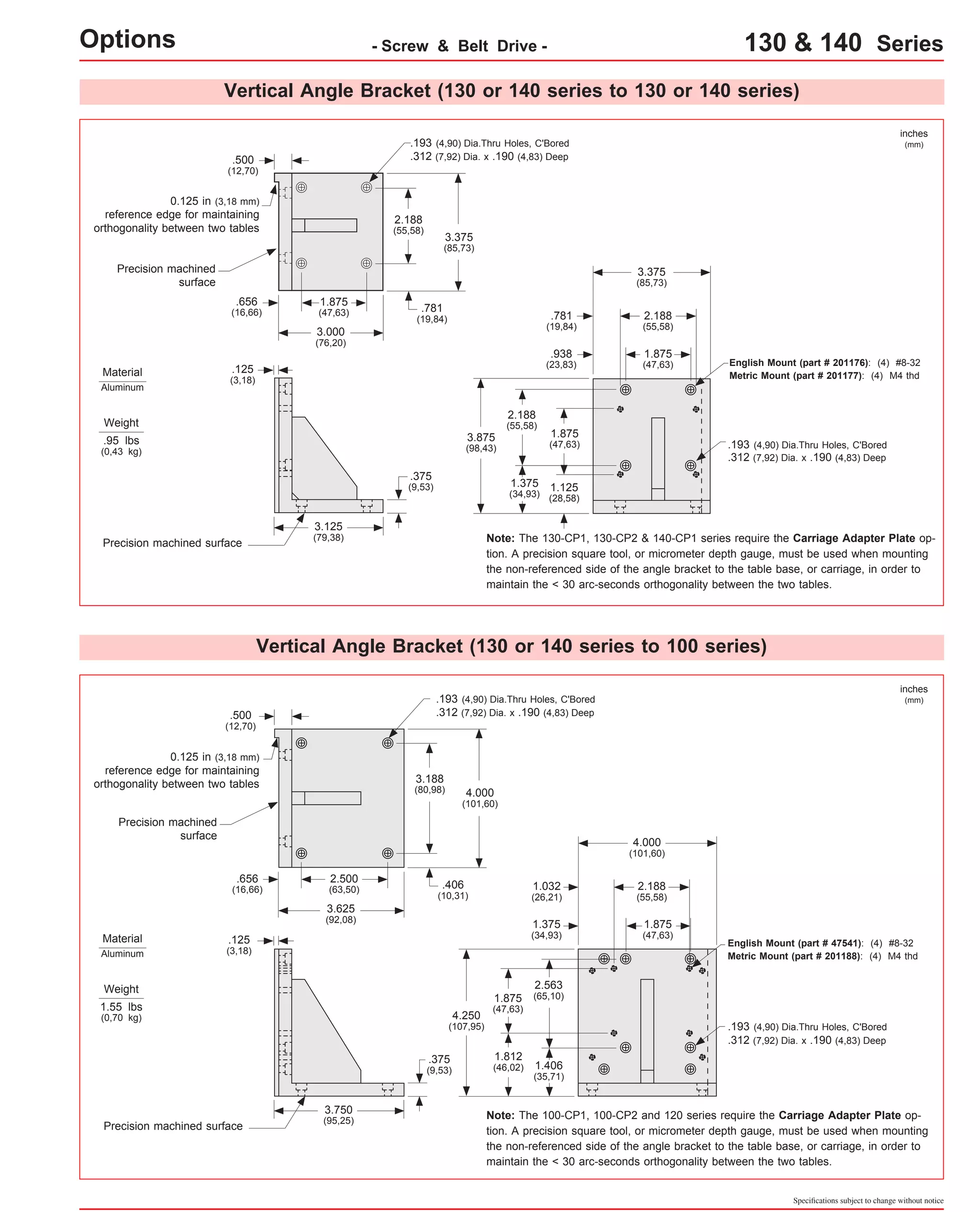 Vertical Angle Bracket (130 or 140 series to 130 or 140 series) 
3.375 
(85,73) 
2.188 
(55,58) 
1.875 
(47,63) 
1.875 
(47,63) 
2.188 
(55,58) 
3.875 
(98,43) 
1.125 
(28,58) 
1.375 
(34,93) 
2.188 
(55,58) 3.375 
(85,73) 
.781 
(19,84) 
.938 
(23,83) 
1.875 
(47,63) 
3.000 
(76,20) 
3.125 
(79,38) 
.500 
(12,70) 
.656 
(16,66) 
.125 
(3,18) 
.781 
(19,84) 
.375 
(9,53) 
Options 0.125 in (3,18 mm) 
reference edge for maintaining 
orthogonality between two tables 
inches 
(mm) 
Weight 
.95 lbs 
(0,43 kg) 
.193 (4,90) Dia.Thru Holes, C'Bored 
.312 (7,92) Dia. x .190 (4,83) Deep 
.193 (4,90) Dia.Thru Holes, C'Bored 
.312 (7,92) Dia. x .190 (4,83) Deep 
English Mount (part # 201176): (4) #8-32 
Metric Mount (part # 201177): (4) M4 thd 
Note: The 130-CP1, 130-CP2 & 140-CP1 series require the Carriage Adapter Plate op-tion. 
A precision square tool, or micrometer depth gauge, must be used when mounting 
the non-referenced side of the angle bracket to the table base, or carriage, in order to 
maintain the < 30 arc-seconds orthogonality between the two tables. 
4.000 
(101,60) 
2.188 
(55,58) 
1.875 
(47,63) 
2.563 
3.188 
(80,98) 4.000 
(101,60) 
1.875 (65,10) 
(47,63) 4.250 
(107,95) 
1.406 
(35,71) 
1.812 
(46,02) 
1.032 
(26,21) 
1.375 
(34,93) 
2.500 
(63,50) 
3.625 
(92,08) 
3.750 
(95,25) 
.500 
(12,70) 
.656 
(16,66) 
.125 
(3,18) 
.406 
(10,31) 
.375 
(9,53) 
Precision machined 
surface 
Precision machined surface 
inches 
(mm) 
Weight 
1.55 lbs 
(0,70 kg) 
.193 (4,90) Dia.Thru Holes, C'Bored 
.312 (7,92) Dia. x .190 (4,83) Deep 
.193 (4,90) Dia.Thru Holes, C'Bored 
.312 (7,92) Dia. x .190 (4,83) Deep 
English Mount (part # 47541): (4) #8-32 
Metric Mount (part # 201188): (4) M4 thd 
Material 
Aluminum 
Material 
Aluminum 
Specifications subject to change without notice 
0.125 in (3,18 mm) 
reference edge for maintaining 
orthogonality between two tables 
- Screw & Belt Drive - 130 & 140 Series 
Vertical Angle Bracket (130 or 140 series to 100 series) 
Note: The 100-CP1, 100-CP2 and 120 series require the Carriage Adapter Plate op-tion. 
A precision square tool, or micrometer depth gauge, must be used when mounting 
the non-referenced side of the angle bracket to the table base, or carriage, in order to 
maintain the < 30 arc-seconds orthogonality between the two tables. 
Precision machined 
surface 
Precision machined surface 
 