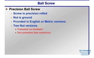 Ball Screw
Precision Ball Screw
  Screw is precision rolled
  Nut is ground
  Provided in English or Metric versions
  Two Nut versions
     Preloaded (no backlash)
     Non-preloaded (less expensive)




                                           Sold & Serviced By:


                                                                 ELECTROMATE
                                                          Toll Free Phone (877) SERVO98
                                                           Toll Free Fax (877) SERV099
                                                                www.electromate.com
                                                               sales@electromate.com
 
