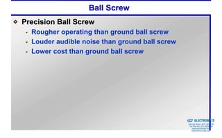 Ball Screw
Precision Ball Screw
  Rougher operating than ground ball screw
  Louder audible noise than ground ball screw
  Lower cost than ground ball screw




                                                Sold & Serviced By:


                                                                      ELECTROMATE
                                                               Toll Free Phone (877) SERVO98
                                                                Toll Free Fax (877) SERV099
                                                                     www.electromate.com
                                                                    sales@electromate.com
 