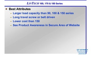 LINTECH 160, 170 & 180 Series
Best Attributes
  Larger load capacity than 90, 100 & 150 series
  Long travel screw or belt driven
  Lower cost than 150
  See Product Awareness in Secure Area of Website




                                            Sold & Serviced By:


                                                                  ELECTROMATE
                                                           Toll Free Phone (877) SERVO98
                                                            Toll Free Fax (877) SERV099
                                                                 www.electromate.com
                                                                sales@electromate.com
 