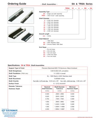 SA & TRSA Series 
Ordering Guide - Shaft Assemblies - 
Assembly Type 
SA 
TRSA 
- Single rail shaft assembly 
- 
Shaft Roundness 0.000080 inches 
Shaft Chamfer For 0.50 - 0.75 inch dia. : 0.03 inch x 45o, For 1.00 - 2.00 inch dia. : 0.06 inch x 45o 
Specifications subject to change without notice 
TWIN RAIL® shaft assembly 
10 - 
Overall Length 
xxx - inches 
Shaft Material 
SS - 440C Stainless Steel 
End Stops 
- No end stops 
E1 - One end stop 
E2 - Two end stops 
TRSA 
Shaft Diameter 
12 - 6 - SS - E4 
8 - 0.500 inch diameter 
12 - 
16 - 
0.625 inch diameter 
0.750 inch diameter 
1.000 inch diameter 
20 - 1.250 inch diameter 
24 - 1.500 inch diameter 
32 - 2.000 inch diameter 
- 1060 Steel 
CR - 
Chrome Plated 1060 Steel 
E3 - Three end stops 
E4 - Four end stops 
Support Type & Finish Precision Machined 6061-T6 Aluminum, Black Anodized 
Shaft Straightness 
Shaft Parallelism (TRSA only) 
Shaft Type 
SL - 1060 Steel or 440C Stainless steel 
Diameter Tolerance Nominal 
Shaft Diameter 
(inches) 
0.500 
0.625 
0.750 
1.000 
1.250 
1.500 
2.000 
Shaft Diameter 
Tolerance 
(inches) 
.4995 / .4990 
.6245 / .6240 
.7495 / .7490 
.9995 / .9990 
1.2495 / 1.2490 
1.4994 / 1.4989 
1.9994 / 1.9987 
Minimum 
Hardness Depth 
(inches) 
0.040 
0.040 
0.060 
0.080 
0.080 
0.080 
0.100 
Hardness Depth 
0.001/0.002 in/ft, cumulative 
+/- 0.002 in overall 
Specifications: SA & TRSA Shaft Assemblies 
Surface Finish 8 - 12 Ra microinch 
Sold & Serviced By: 
ELECTROMATE 
Toll Free Phone (877) SERVO98 
Toll Free Fax (877) SERV099 
www.electromate.com 
sales@electromate.com 
 