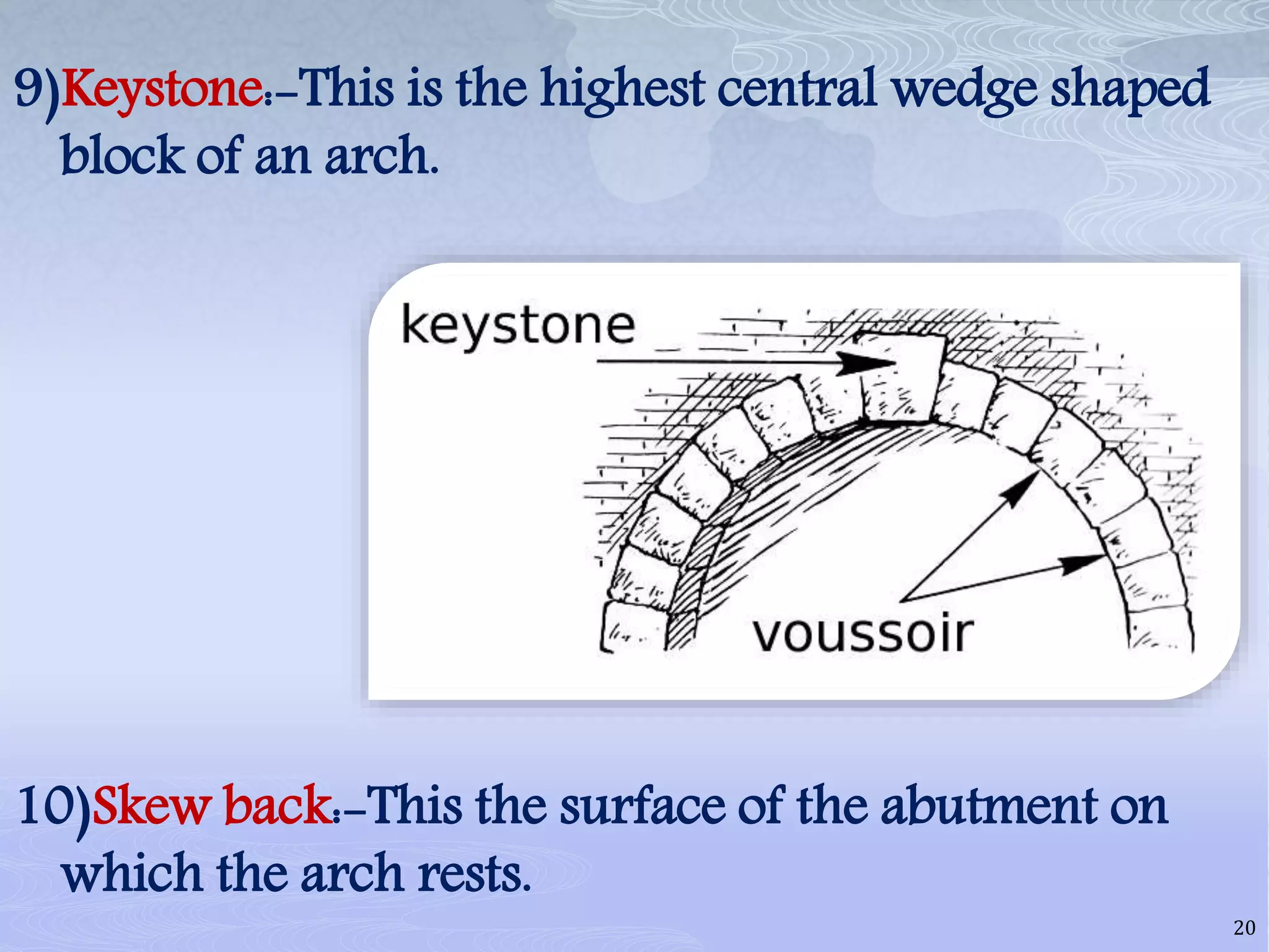 9)Keystone:-This is the highest central wedge shaped
block of an arch.
10)Skew back:-This the surface of the abutment on
which the arch rests.
20
 
