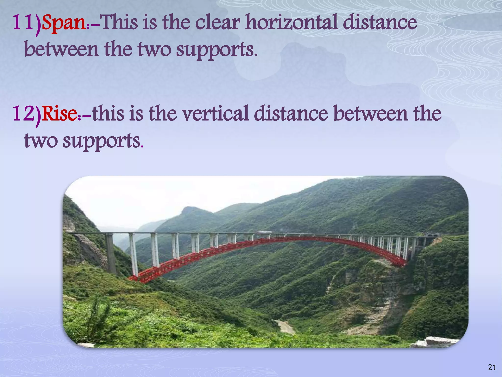 11)Span:-This is the clear horizontal distance
between the two supports.
12)Rise:-this is the vertical distance between the
two supports.
21
 