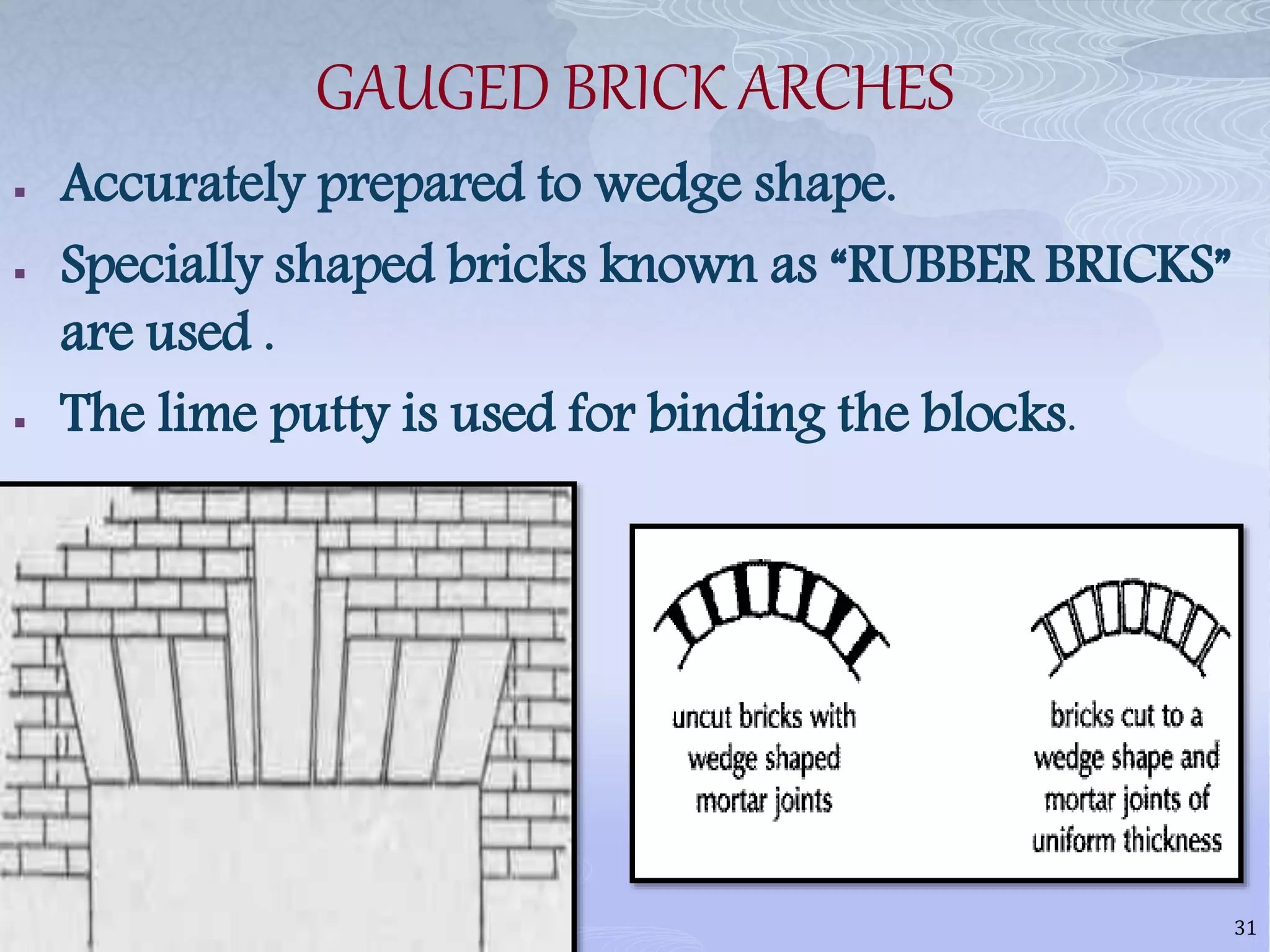 GAUGED BRICK ARCHES
 Accurately prepared to wedge shape.
 Specially shaped bricks known as “RUBBER BRICKS”
are used .
 The lime putty is used for binding the blocks.
31
 
