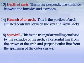 13) Depth of arch:-This is the perpendicular distance
between the intrados and extrados.
14) Haunch of an arch:-This is the portion of arch
situated centrally between the key and skew backs.
15) Spandril:-This is the triangular walling enclosed
by the extrados of the arch, a horizontal line from
the crown of the arch and perpendicular line from
the springing of the outer curves.
22
 
