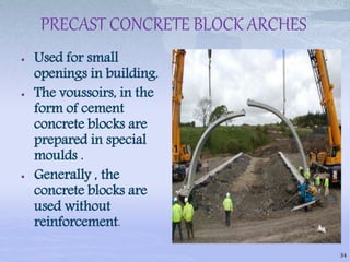 PRECAST CONCRETE BLOCK ARCHES
 Used for small
openings in building.
 The voussoirs, in the
form of cement
concrete blocks are
prepared in special
moulds .
 Generally , the
concrete blocks are
used without
reinforcement.
34
 