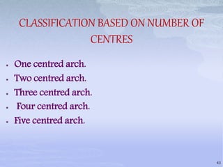 CLASSIFICATION BASED ON NUMBER OF
CENTRES
 One centred arch.
 Two centred arch.
 Three centred arch.
 Four centred arch.
 Five centred arch.
43
 