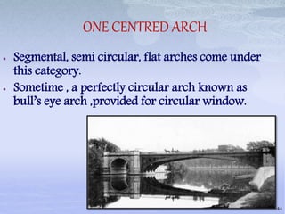 ONE CENTRED ARCH
 Segmental, semi circular, flat arches come under
this category.
 Sometime , a perfectly circular arch known as
bull’s eye arch ,provided for circular window.
44
 