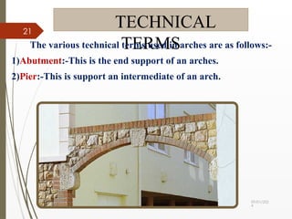 09/01/202
4
21
TECHNICAL
TERMS
The various technical terms used in arches are as follows:-
1)Abutment:-This is the end support of an arches.
2)Pier:-This is support an intermediate of an arch.
 