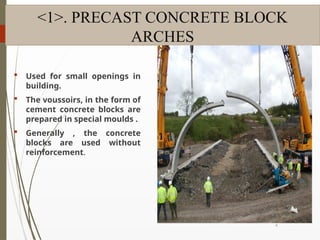 09/01/202
4
35
<1>. PRECAST CONCRETE BLOCK
ARCHES
 Used for small openings in
building.
 The voussoirs, in the form of
cement concrete blocks are
prepared in special moulds .
 Generally , the concrete
blocks are used without
reinforcement.
 