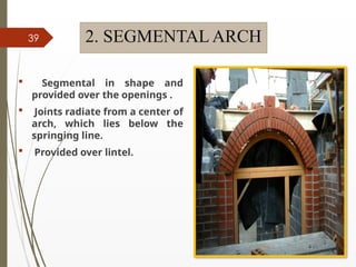 09/01/202
4
39 2. SEGMENTAL ARCH
 Segmental in shape and
provided over the openings .
 Joints radiate from a center of
arch, which lies below the
springing line.
 Provided over lintel.
 