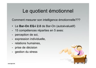 Le quotient émotionnel
Comment mesurer son intelligence émotionnelle???
• Le Bar-On EQ-i 2.0 de Bar-On (autoévaluatif)
- 15 compétences réparties en 5 axes:
- perception de soi,
- expression individuelle,
- relations humaines,
- prise de décision
- gestion du stress
 