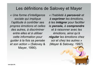 Les définitions de Salovey et Mayer
« Une forme d’intelligence
sociale qui implique
l’aptitude à contrôler ses
propres émotions et celles
des autres, à discriminer
entre elles et à utiliser
cette information pour
guider à la fois sa pensée
et son action » (Salovey &
Mayer, 1990).
« l’habileté à percevoir et
à exprimer les émotions,
à les intégrer pour faciliter
la pensée, à comprendre
et à raisonner avec les
émotions, ainsi qu’à
réguler les émotions chez
soi et chez les autres »
(Mayer & Salovey, 1997).
 