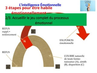 2/3. Accueillir le jeu complet du processus
émotionnel
A
B
C
REFUS
suppl.=
renforcement
REFUS
EXLPOSION
émotionnelle
COURBE naturelle
de toute forme:
naissance (A), zénith
(B), disparition (C)
3 étapes pour être habile
émotionnellement
L’intelligence Émotionnelle
 