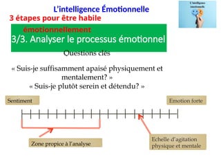 3/3. Analyser le processus émotionnel
Questions clés
« Suis-je suffisamment apaisé physiquement et
mentalement? »
« Suis-je plutôt serein et détendu? »
Echelle d’agitation
physique et mentale
Sentiment Emotion forte
Zone propice à l’analyse
3 étapes pour être habile
émotionnellement
L’intelligence Émotionnelle
 