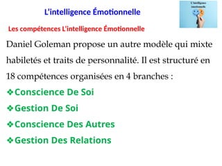 L’intelligence Émotionnelle
Daniel Goleman propose un autre modèle qui mixte
habiletés et traits de personnalité. Il est structuré en
18 compétences organisées en 4 branches :
❖Conscience De Soi
❖Gestion De Soi
❖Conscience Des Autres
❖Gestion Des Relations
Les compétences L’intelligence Émotionnelle
 