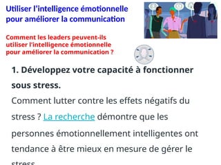 Utiliser l’intelligence émotionnelle
pour améliorer la communication
1. Développez votre capacité à fonctionner
sous stress.
Comment lutter contre les effets négatifs du
stress ? La recherche démontre que les
personnes émotionnellement intelligentes ont
tendance à être mieux en mesure de gérer le
Comment les leaders peuvent-ils
utiliser l’intelligence émotionnelle
pour améliorer la communication ?
 