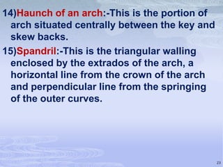 14)Haunch of an arch:-This is the portion of
arch situated centrally between the key and
skew backs.
15)Spandril:-This is the triangular walling
enclosed by the extrados of the arch, a
horizontal line from the crown of the arch
and perpendicular line from the springing
of the outer curves.

23

 