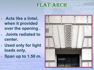 FLAT ARCH








Acts like a lintel,
when it provided
over the opening .
Joints radiated to
center.
Used only for light
loads only.
Span up to 1.50 m.
39

 