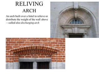 RELIVING
BCT
ARCH
An arch built over a lintel to relieve or
distribute the weight of the wall above
—called also discharging arch
 