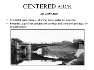 CENTERED ARCH
One Center Arch
 Segmental, semi circular, flat arches comes under this category.
 Sometime , a perfectly circular arch known as bull’s eye arch ,provided for
circular window.
BCT
 