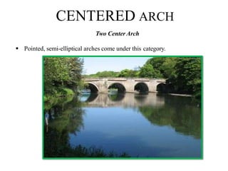 CENTERED ARCH
Two CenterArch
 Pointed, semi-elliptical arches come under this category.
BCT
 