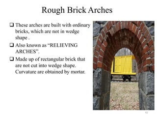 Rough Brick Arches
 These arches are built with ordinary
bricks, which are not in wedge
shape .
 Also known as “RELIEVING
ARCHES”.
 Made up of rectangular brick that
are not cut into wedge shape.
Curvature are obtained by mortar.
41
BCT
 