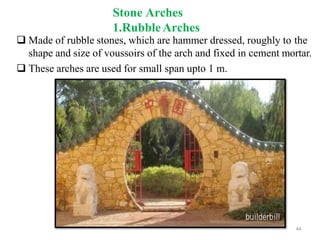 Stone Arches
1.RubbleArches
 Made of rubble stones, which are hammer dressed, roughly to the
shape and size of voussoirs of the arch and fixed in cement mortar.
 These arches are used for small span upto 1 m.
44
BCT
 