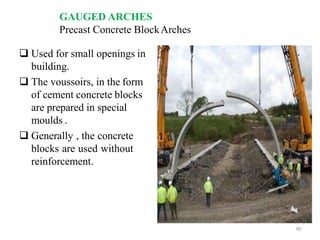 GAUGED ARCHES
Precast Concrete BlockArches
 Used for small openings in
building.
 The voussoirs, in the form
of cement concrete blocks
are prepared in special
moulds .
 Generally , the concrete
blocks are used without
reinforcement.
46
BCT
 