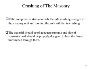Crushing of The Masonry
If the compressive stress exceeds the safe crushing strength of
the masonry unit and mortar , the arch will fail in crushing.
The material should be of adequate strength and size of
voussoirs and should be properly designed to bear the thrust
transmitted through them.
49
BCT
 