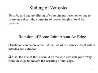 Sliding of Voussoirs
To safeguard against sliding of voussoirs past each other due to
transverse shear ,the voussoirs of greater height should be
provided.
Rotation of Some Joint About AnEdge
Rotation can be prevented ,if the line of resistance is kept within
intrados and extrados.
Also, the line of thrust should be made to cross the joint away
from the edge to prevent the crushing of that edge.
50
BCT
 